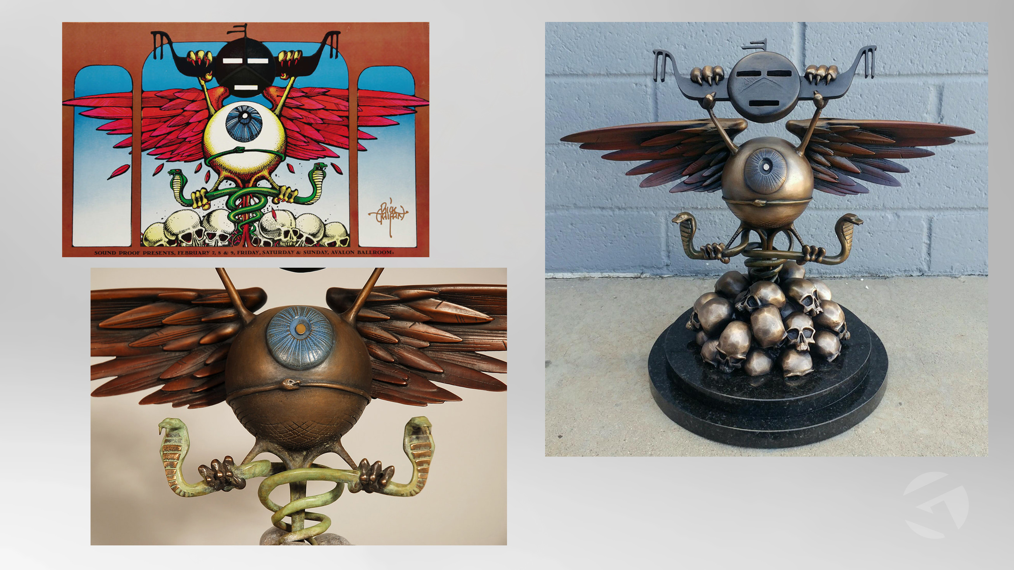 Griffin's original poster artwork in upper left. © Griffin Estate
Also Bergeron's final cast bronze sculptures. 