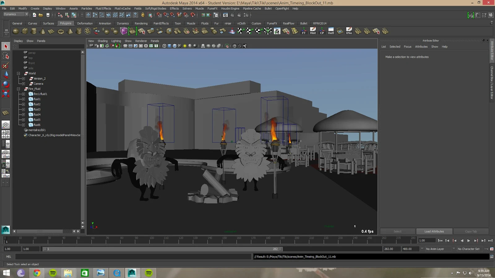 Simulated and rendered fluid flames in Maya, including volumetric lighting integration.