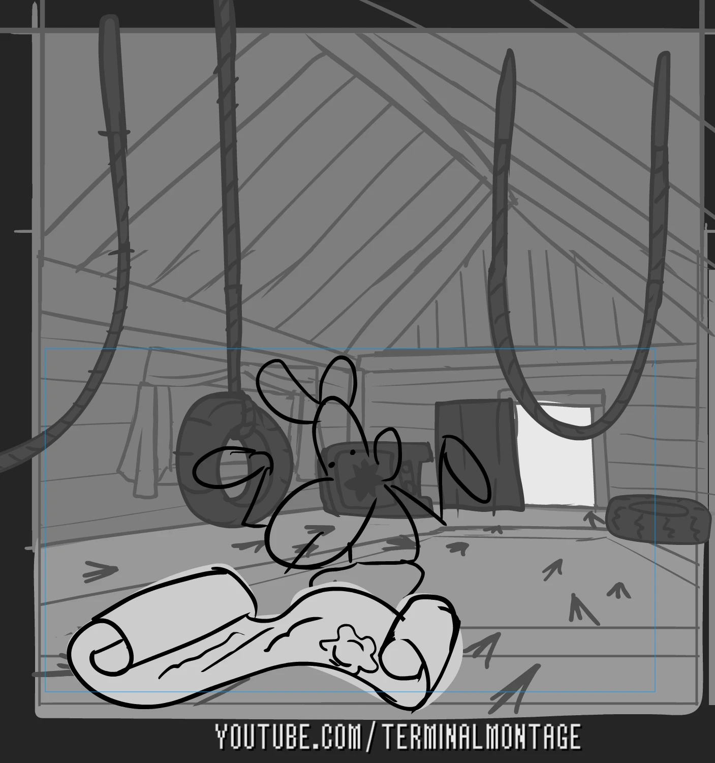 A screenshot of my animatic for DKC2. My backgrounds can get pretty detailed for a storyboard.