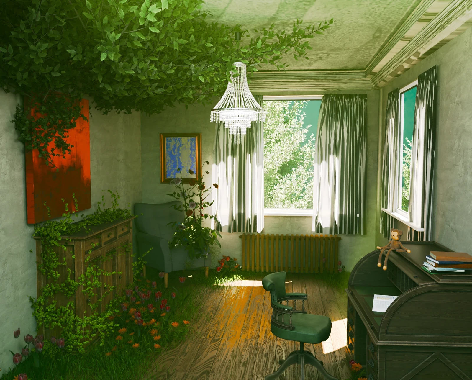 The Lost Boy loved creating kingdoms at his writing desk. 

Eventually he settled roots and the world grew over itself and the kingdom was overgrown and forgotten.