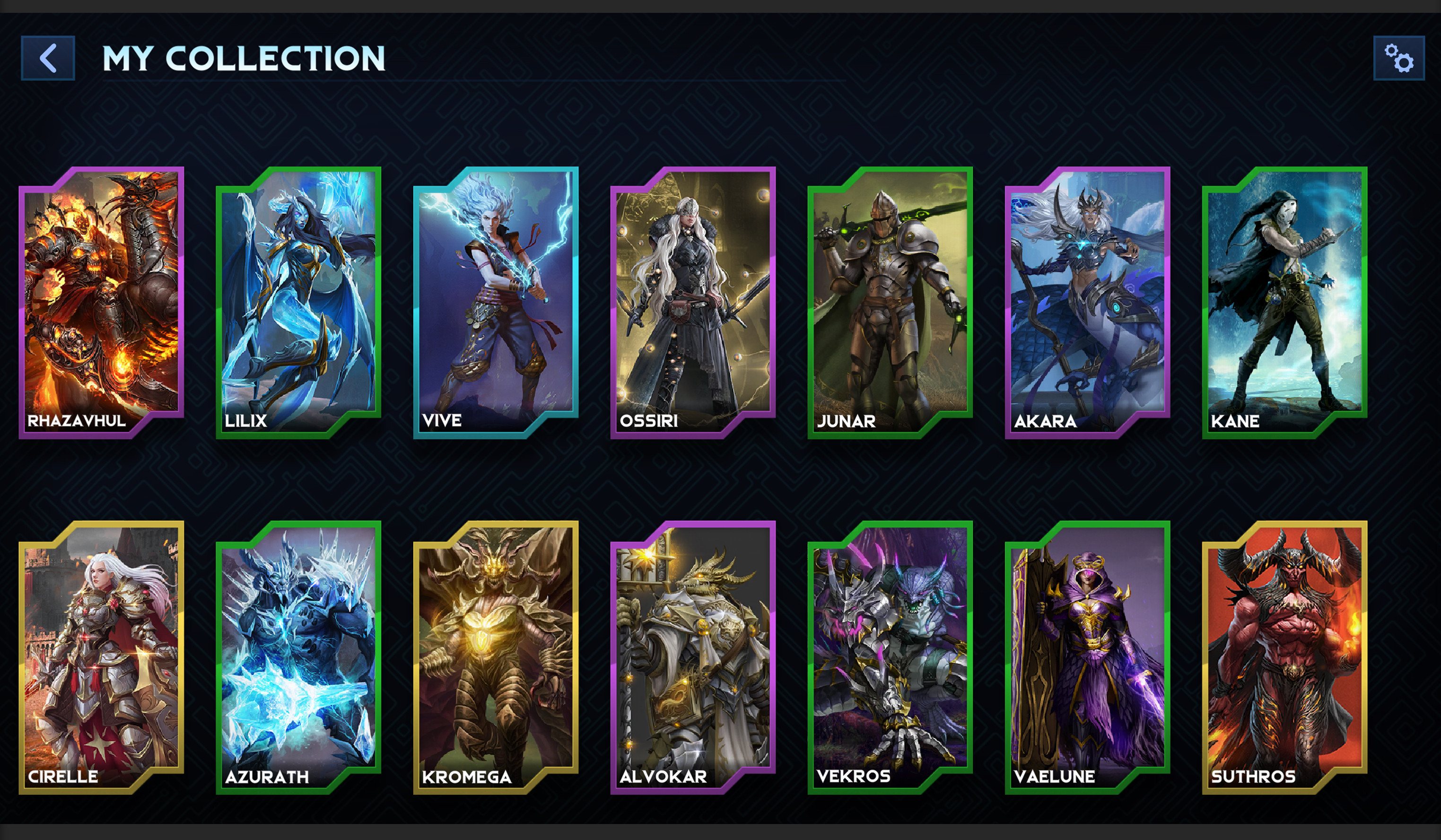 Card collection screen: updates rarity colors and stats from server data.