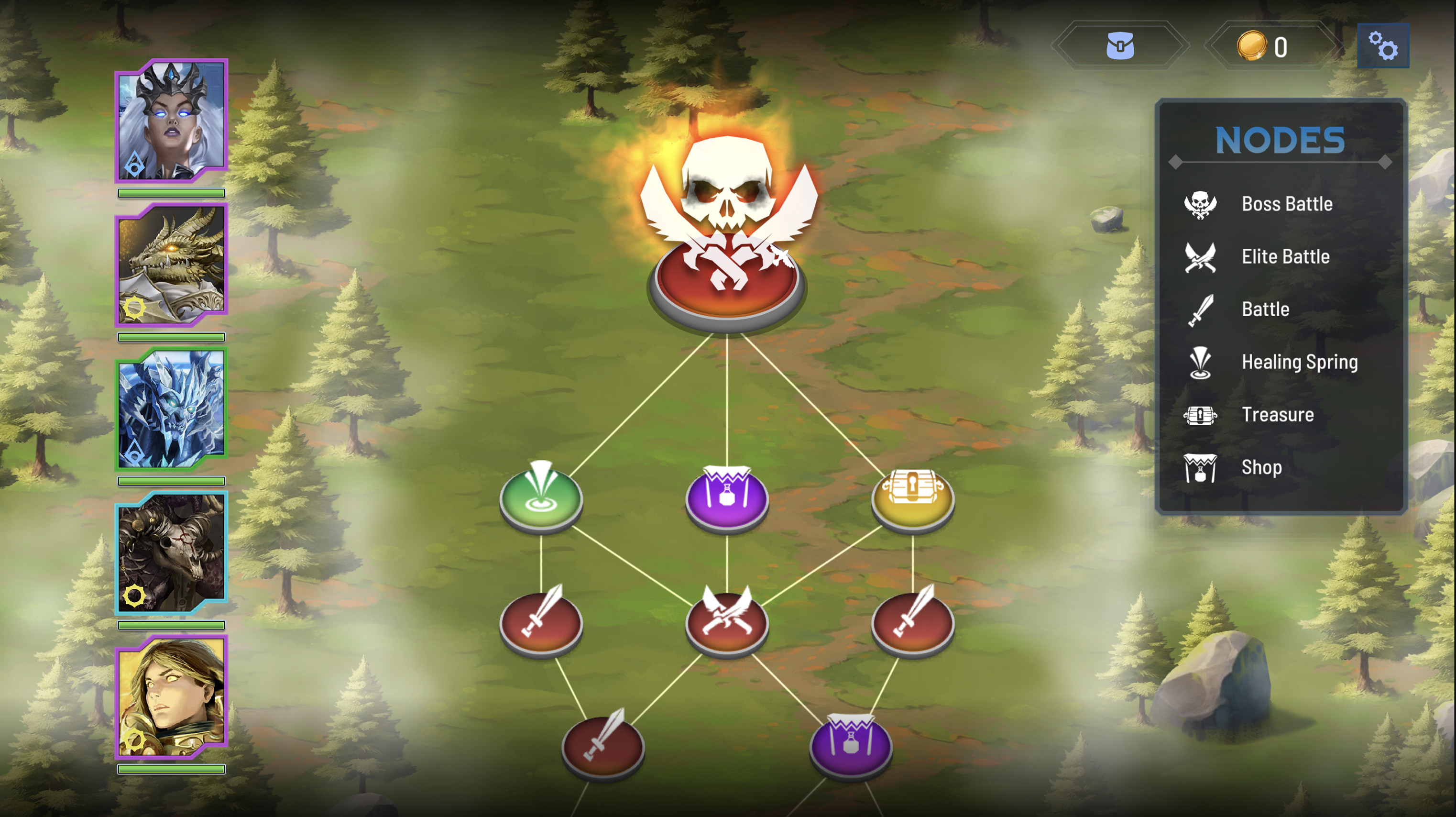 Dungeon screen: a roguelike that randomly generates node layouts with VFX that change based on node states.