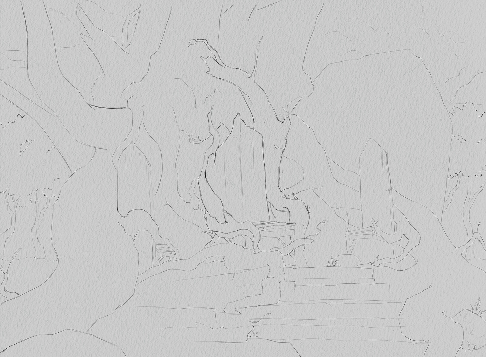 Drawing
After finalizing the composition, I developed a cleaner drawing to define the structure, key forms, and major elements of the scene.