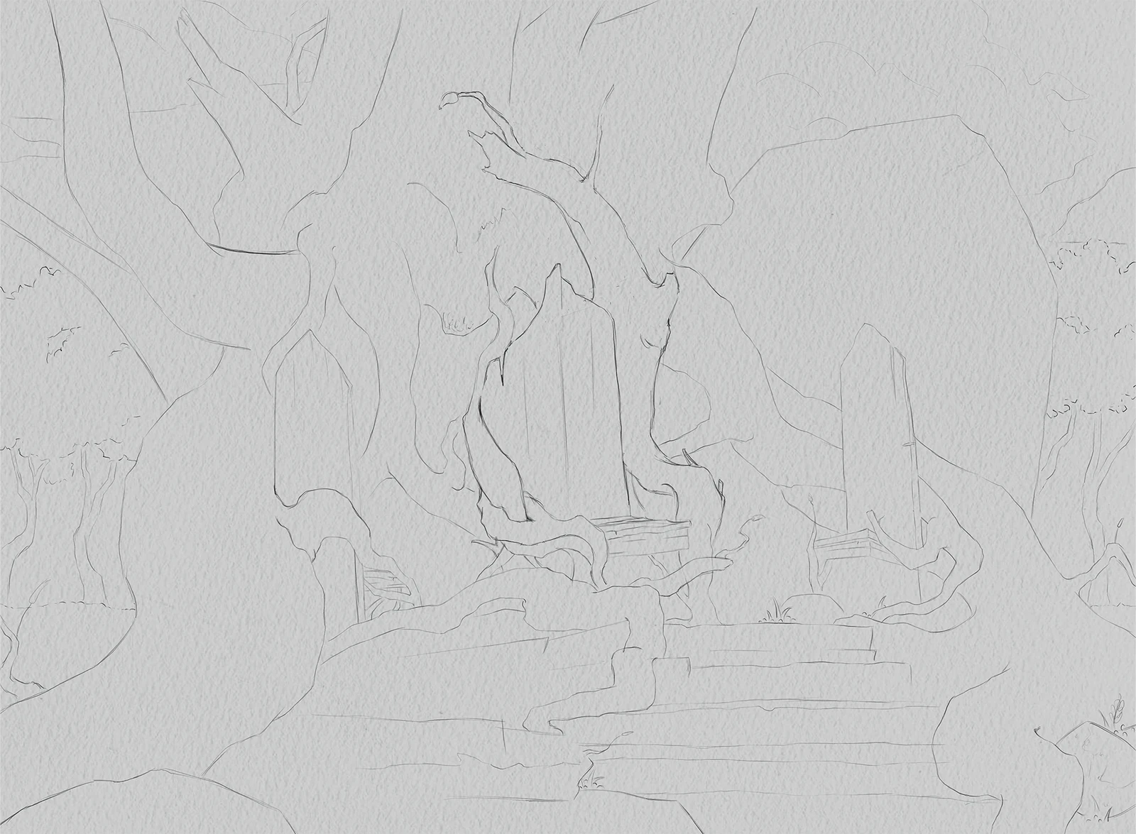 Drawing
After finalizing the composition, I developed a cleaner drawing to define the structure, key forms, and major elements of the scene.