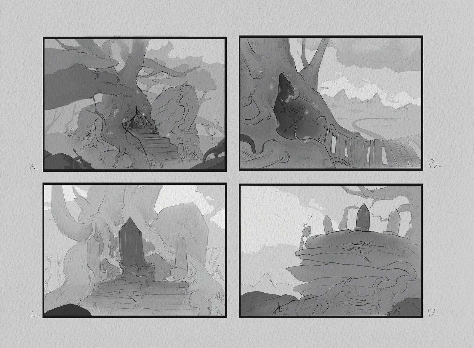 Thumbnails
With the mood and setting already clear in my mind, I focused on testing different focal point options through quick exploratory sketches. I also created a value study for each variation to clarify contrast and composition.