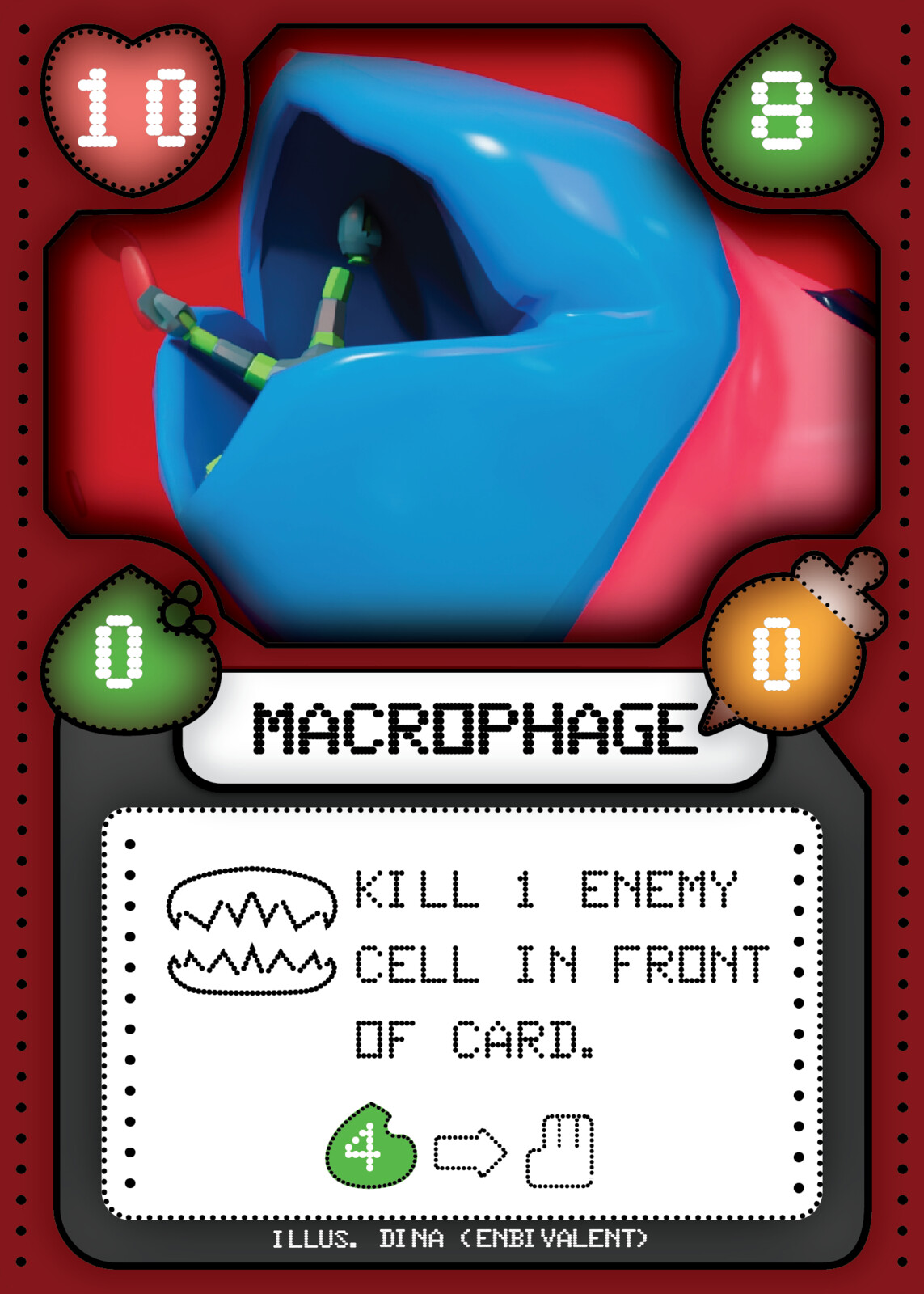 Variant of preliminary card design featuring Macrophage pulling apart an E. Coli designed by @malarkey-arts on IG and modelled by me