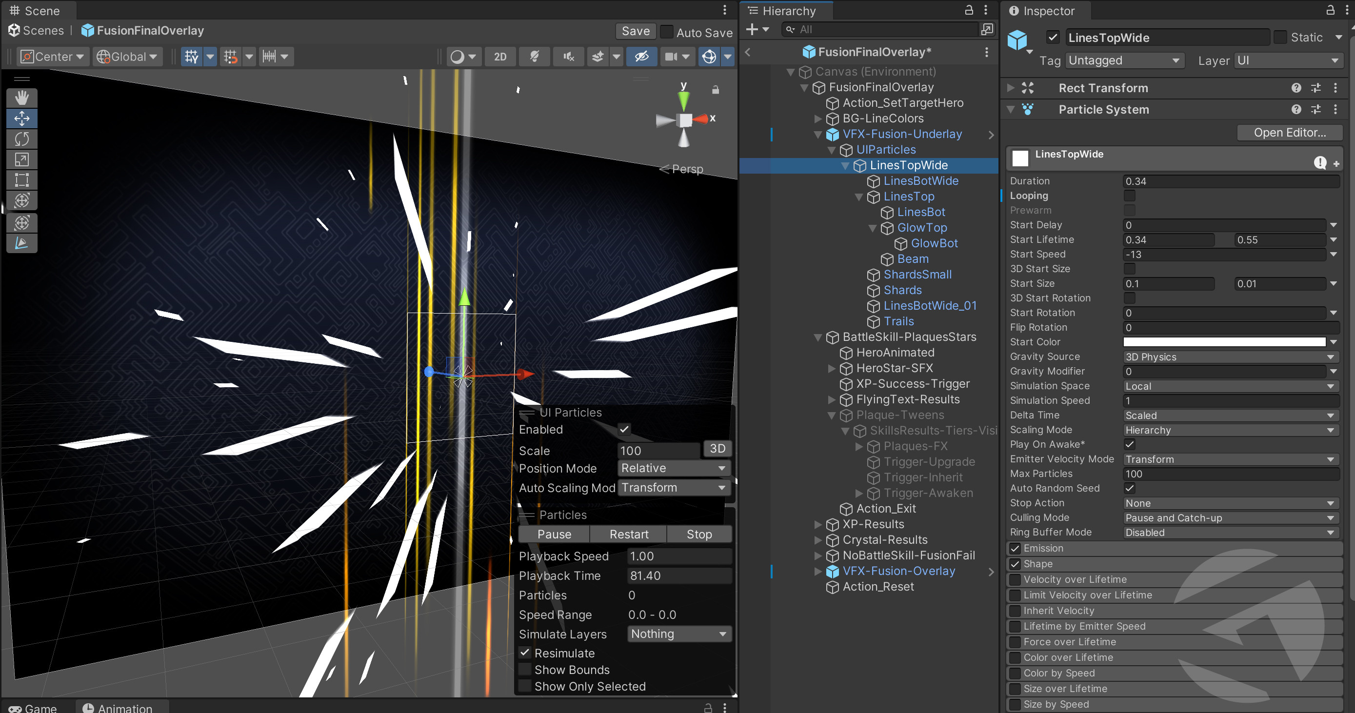 Modular particle prefabs nested within fusion abilities. Each reacts to tiered fusion results—Upgrade, Inherit, or Awaken—triggering distinct bursts, flares, or surges that visually express the power and rarity of each fusion rolls. 