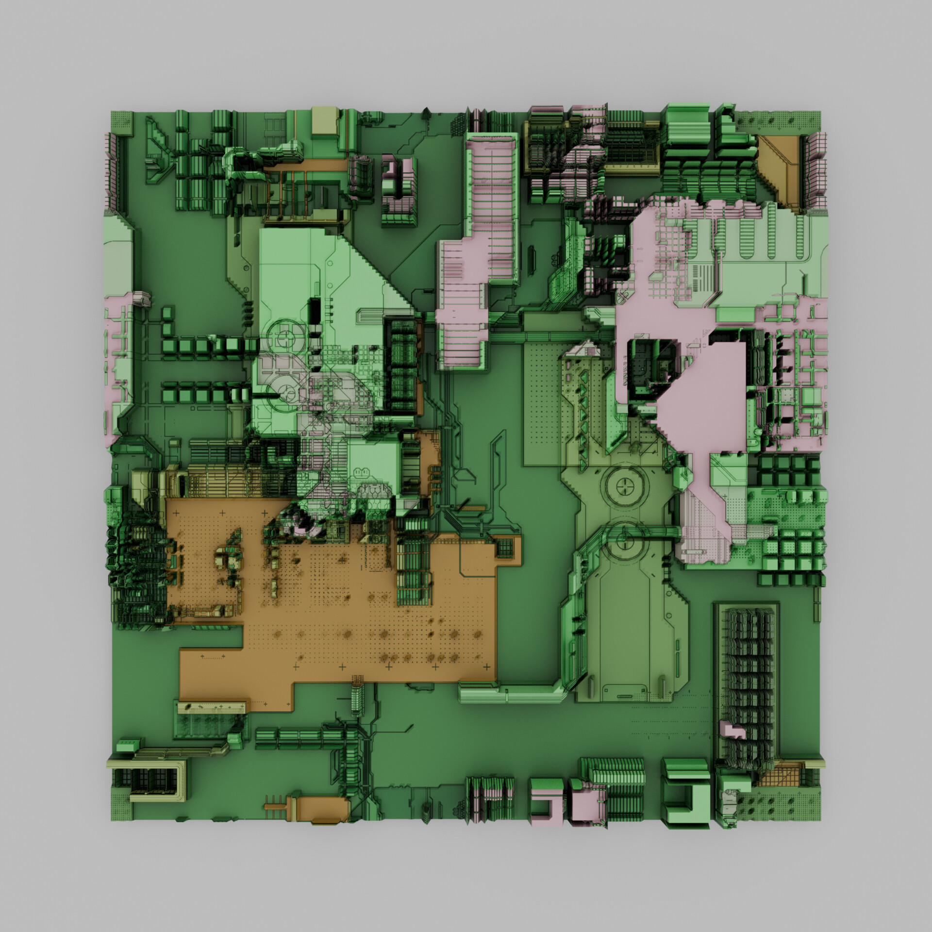 Abstract architectural digital artwork showing layered geometric forms and mechanical patterns