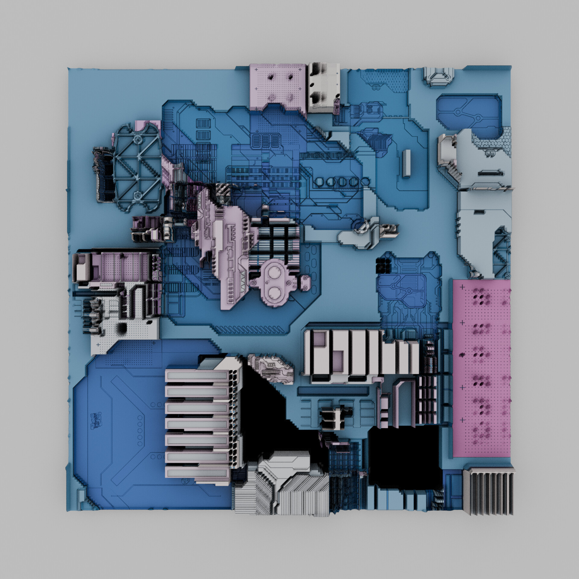 Layered digital architecture with symmetrical structures and muted tones