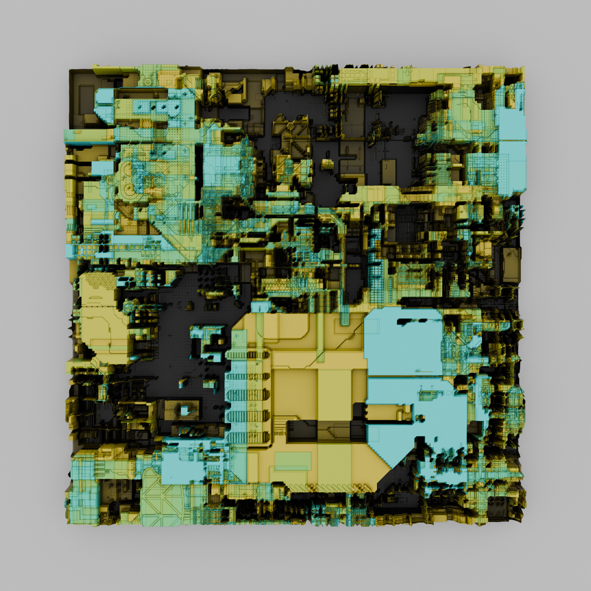Symmetrical 3D abstract layout inspired by architecture and circuit boards