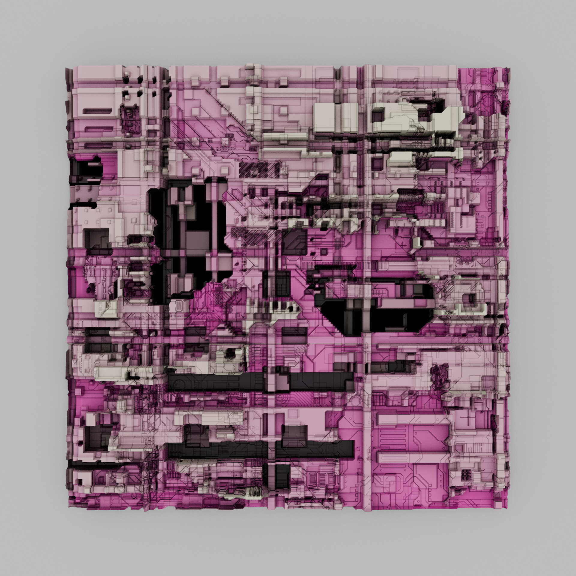 Fragmented digital structure forming a subtle mechanical landscape