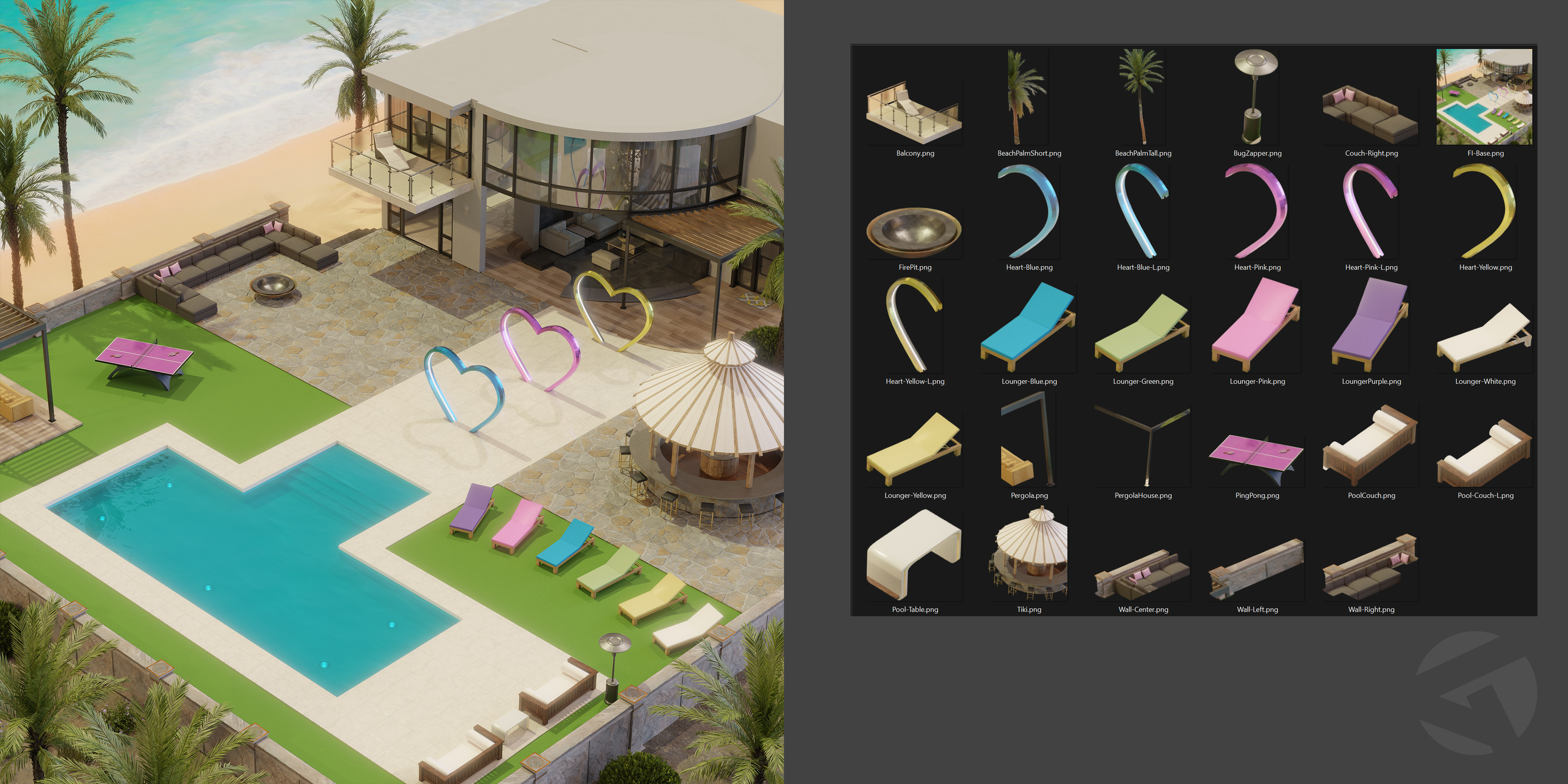 Objects were rendered as separate layers for sorting between avatars and objects, a process used to facilitate depth sorting via the objects' vertical pivot positions.