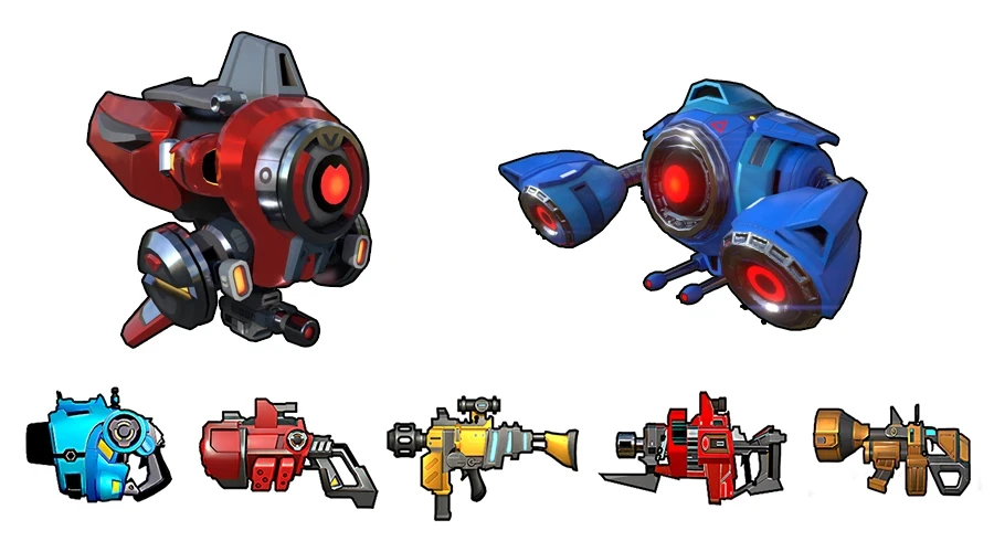 Robot Raiders robot enemies and player weapons.