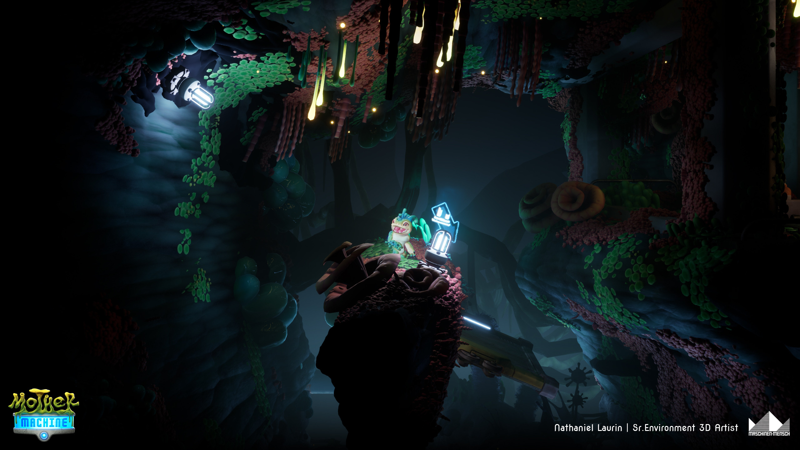 Glowing signs guide players to platforms that take them to other game-regions.