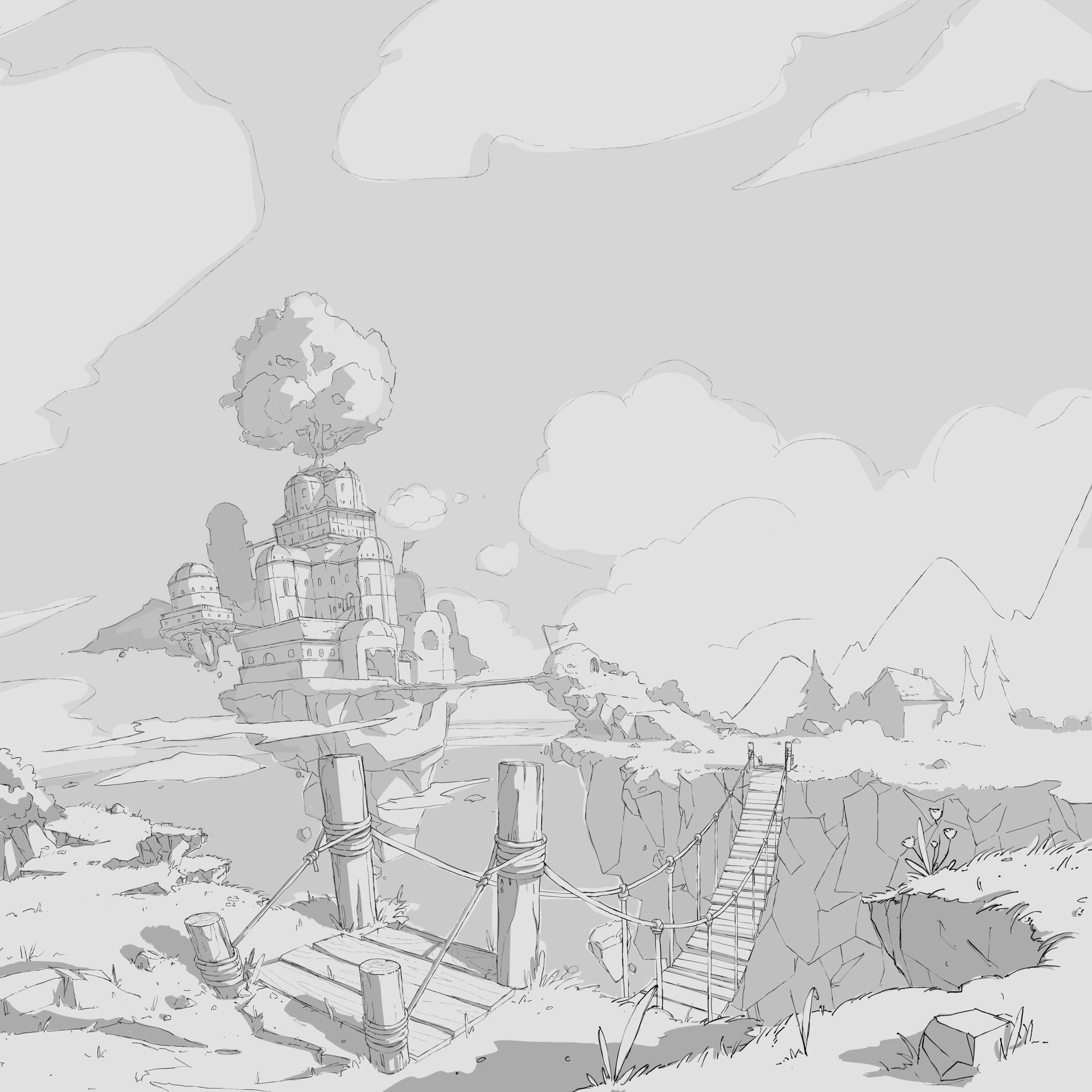 2. Then brought into procreate and started thinking of dragon quest or secret of mana. Thought about making a floating castle. Then left it for the last few months. i didn’t know if i wanted to make it cell shaded or painterly.