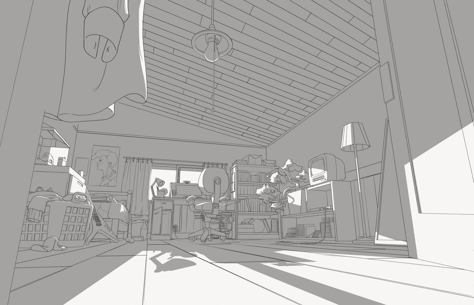 3. finally chose a wide low angle. I thought to have a time lapse with different lighting conditions as a kid goes about his day. ie home work, drawing, reading, playing games, relaxing, etc