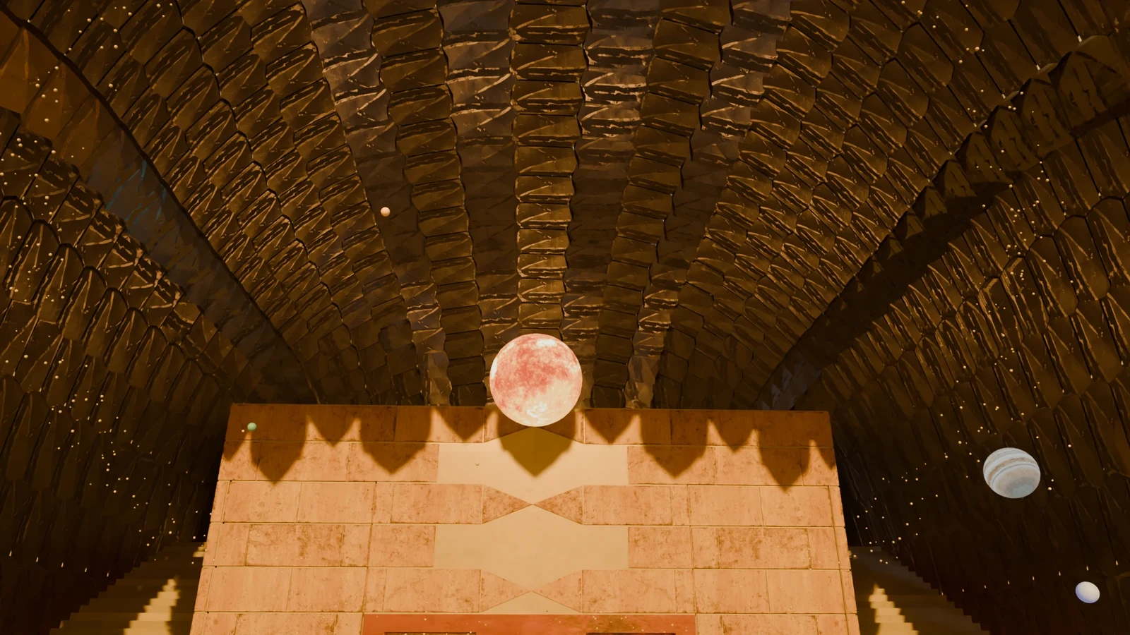 Scale roof (background) and animated solar system model (foreground)