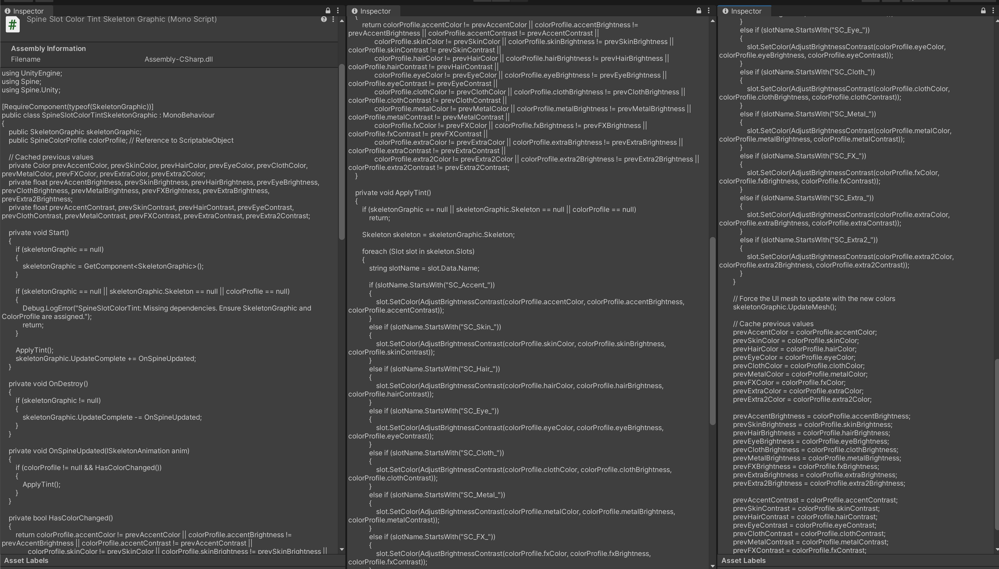 SpineSlotColorTintSkeletonGraphic.cs : Takes custom colors and applies them to Slots whenever the cached values change.
