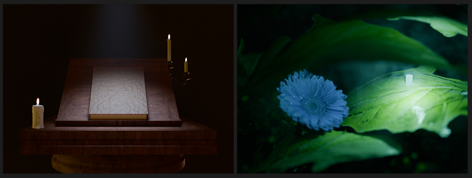 For 17 Book I started with a Blender render base and for 28 Tiny leaf home I created a 3D render as well but didn't use it directly, only as a reference.