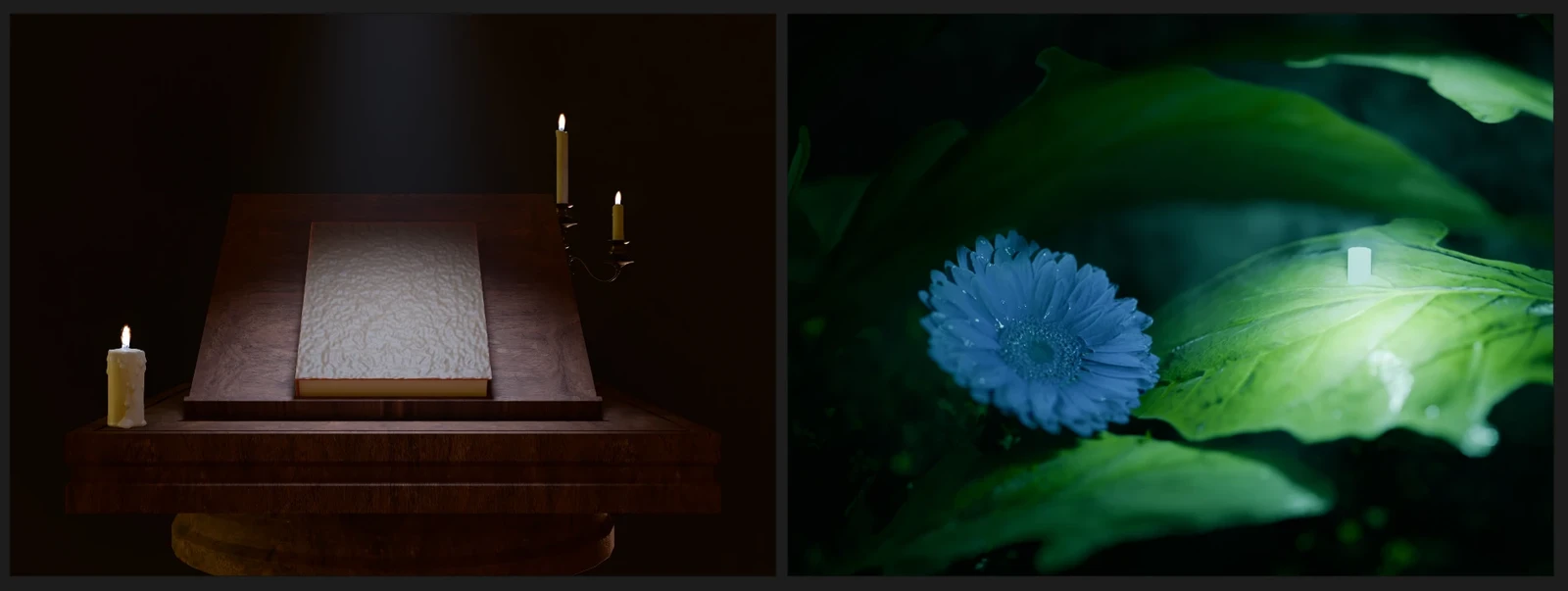 For 17 Book I started with a Blender render base and for 28 Tiny leaf home I created a 3D render as well but didn't use it directly, only as a reference.