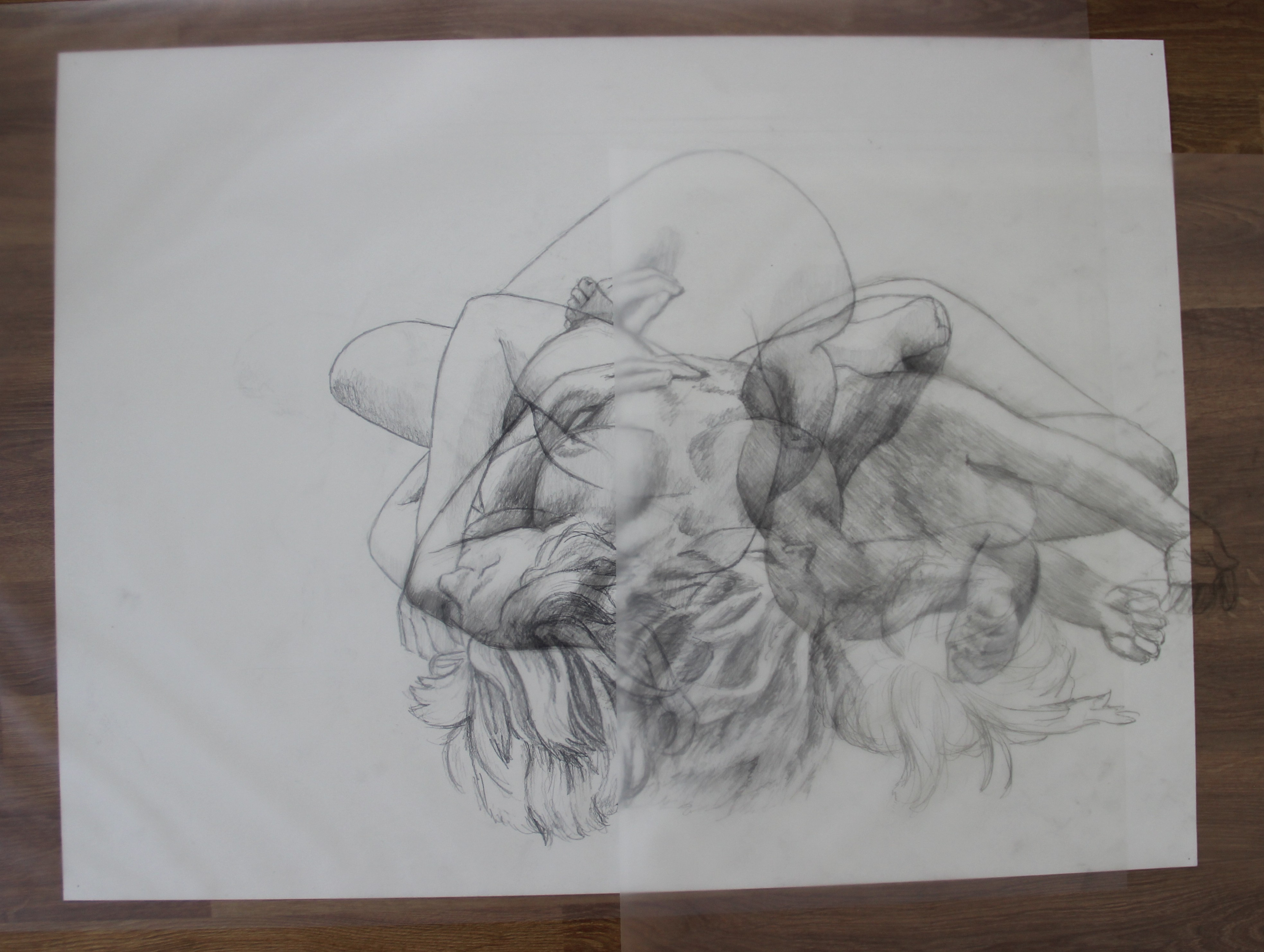 Layered drawing of acetate sheets and paper with model moving for each drawing sheet, graphite