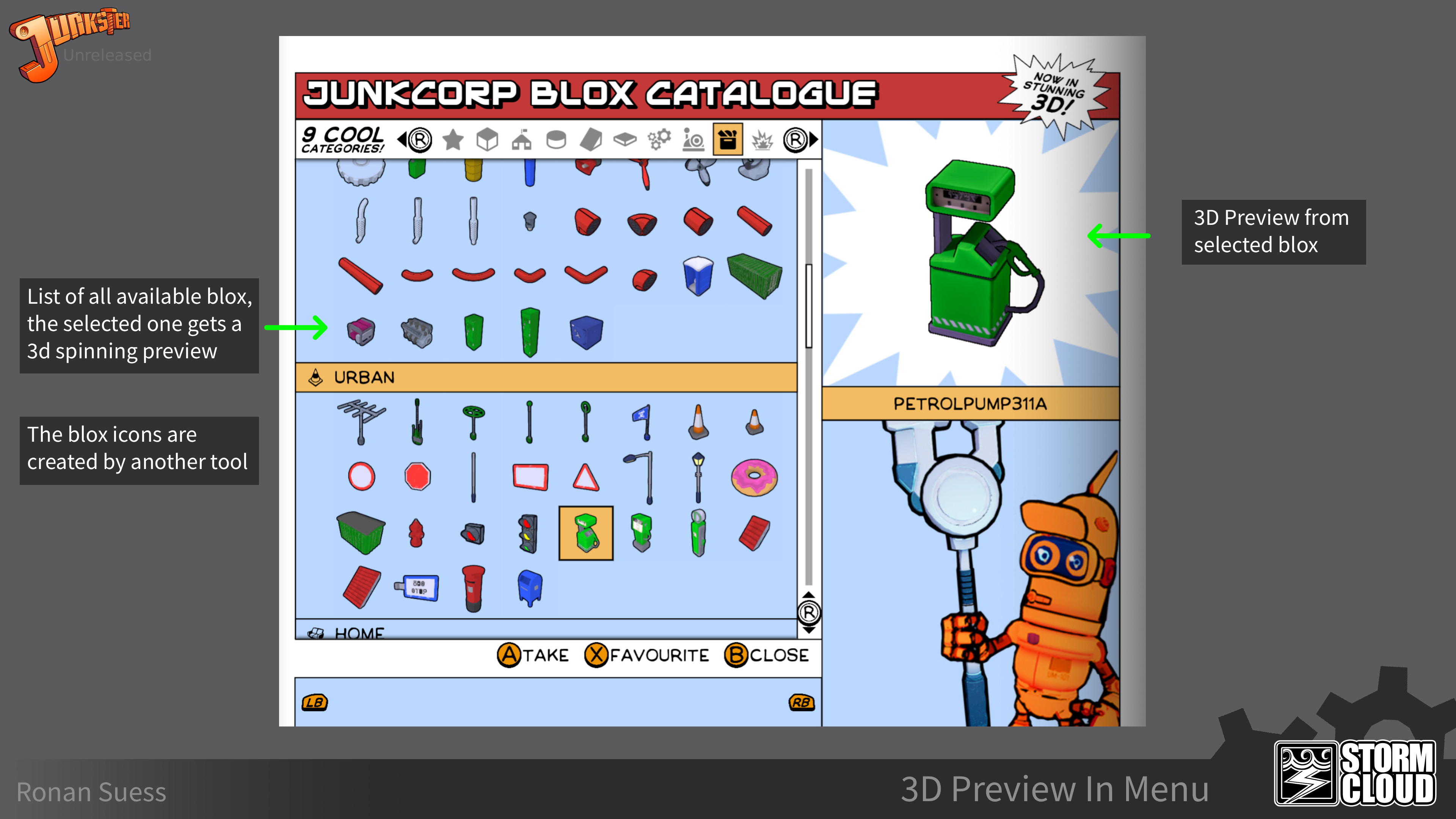 Parts of the blox selection menu. Select a blox on the left, see a 3d Preview of the blox on the right.
