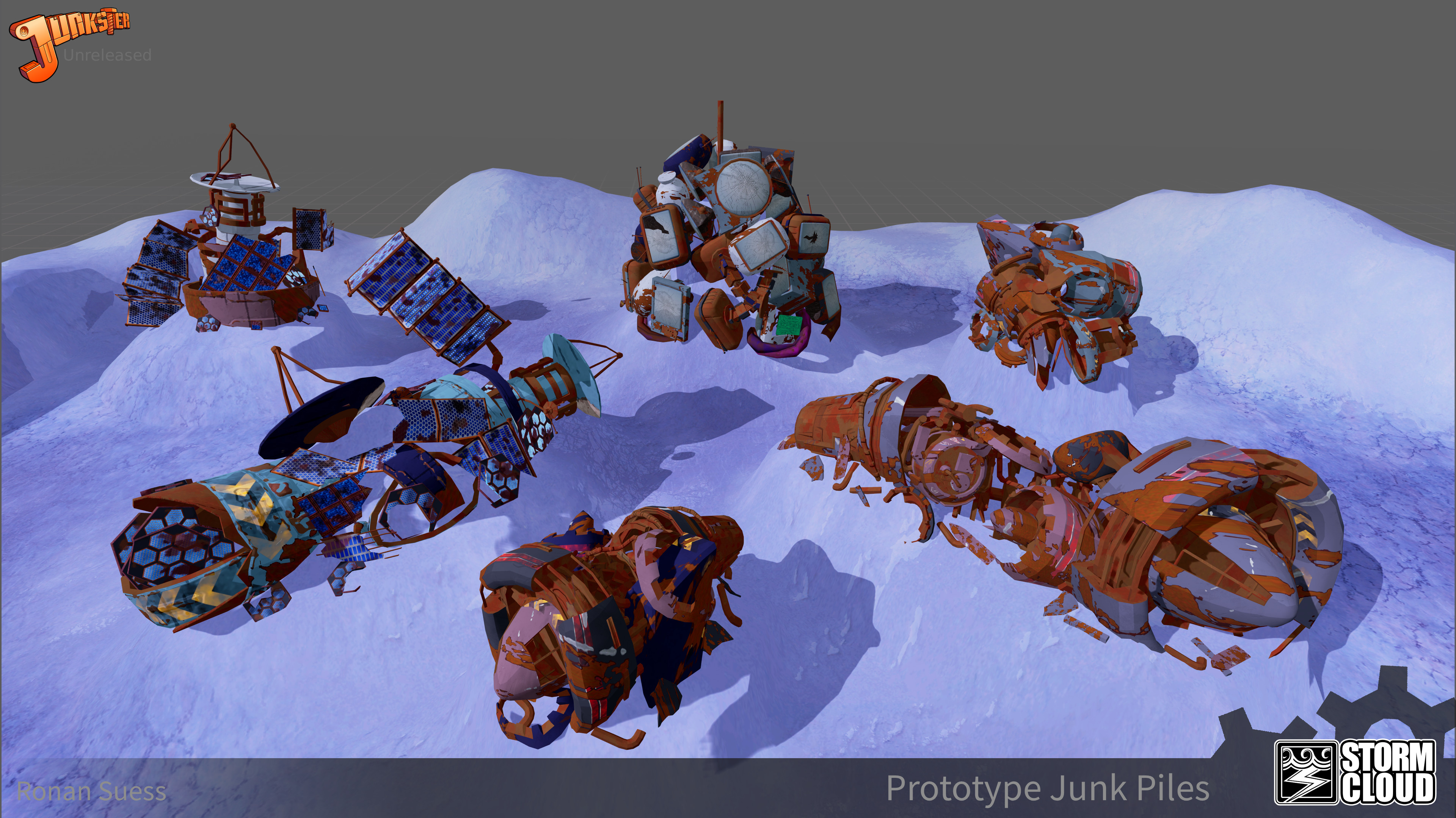 Smaller Junk Pile prototype were also made. These would be scattered more frequently around the environment giving smaller rewards specific to their type. TVs would be glass, Satellites solar panels, jet engines metal.