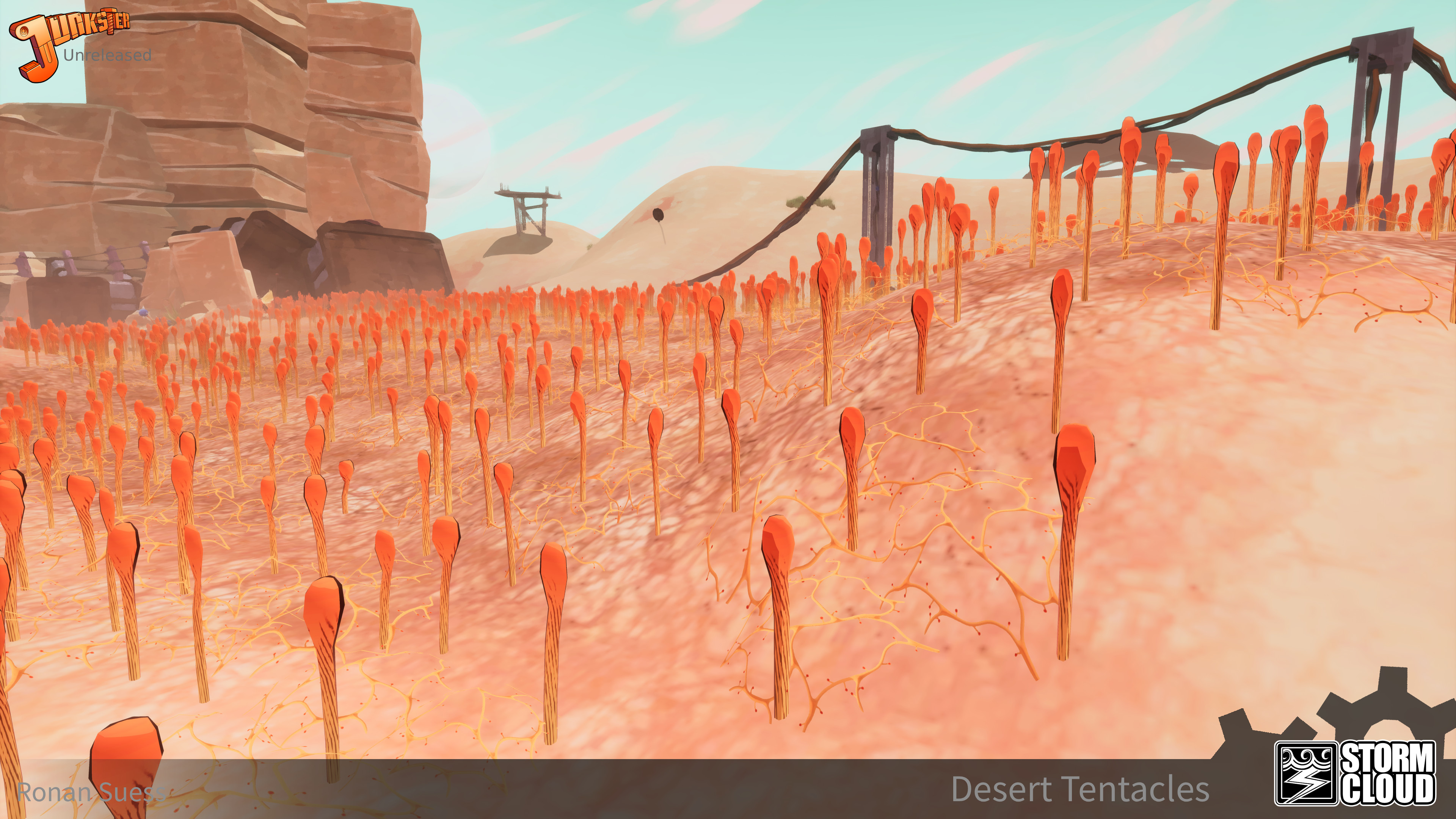 Tentacles are different per biome, but have comparable behaviour. Temperate biome tentacles wobble more when player is near, desert ones glow. But they can all match surface normal.