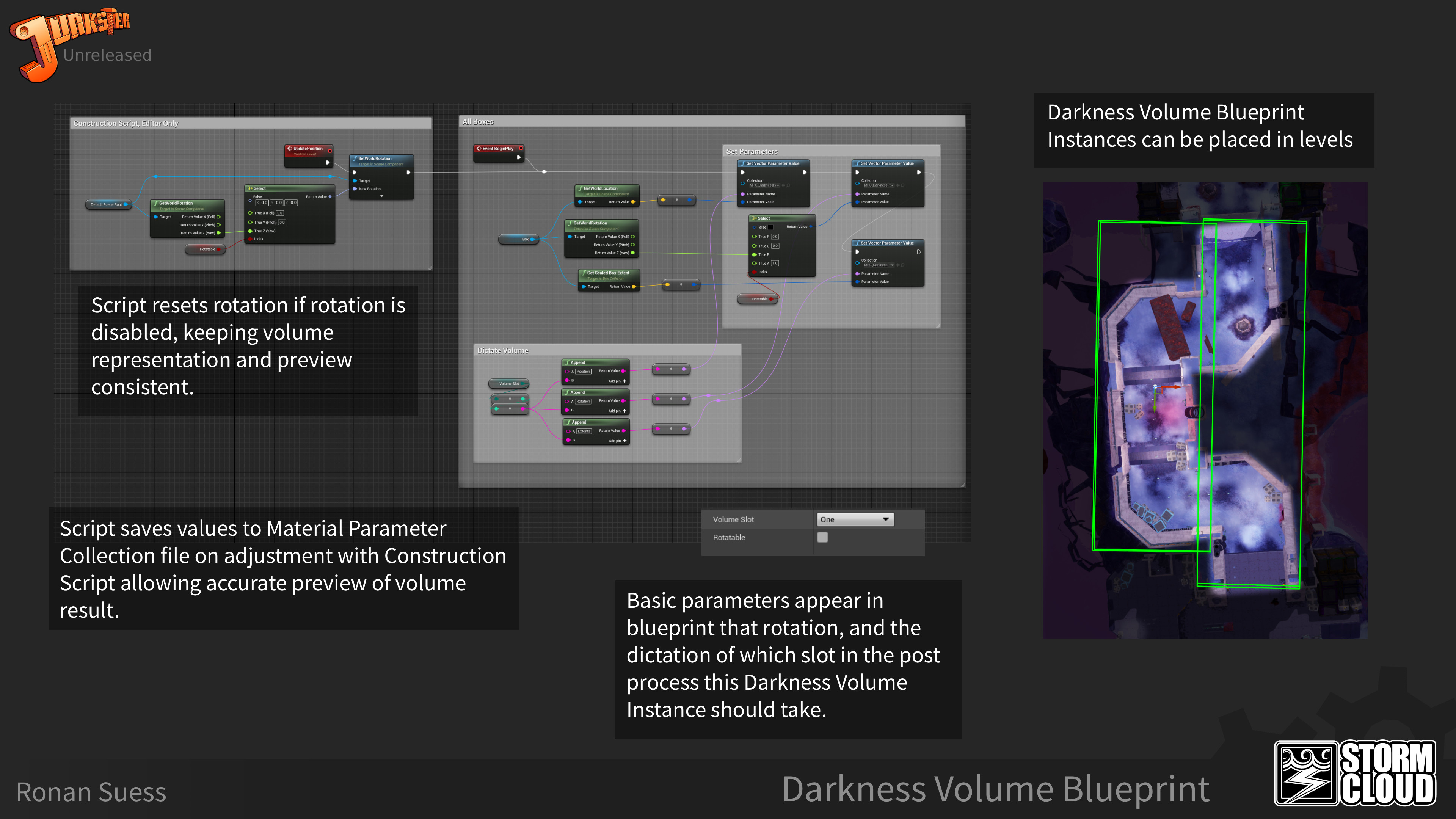Simple Darkness Volume Blueprint that updates Material Parameter Collection values so the post process can read the values and darken relevant areas of the screen.