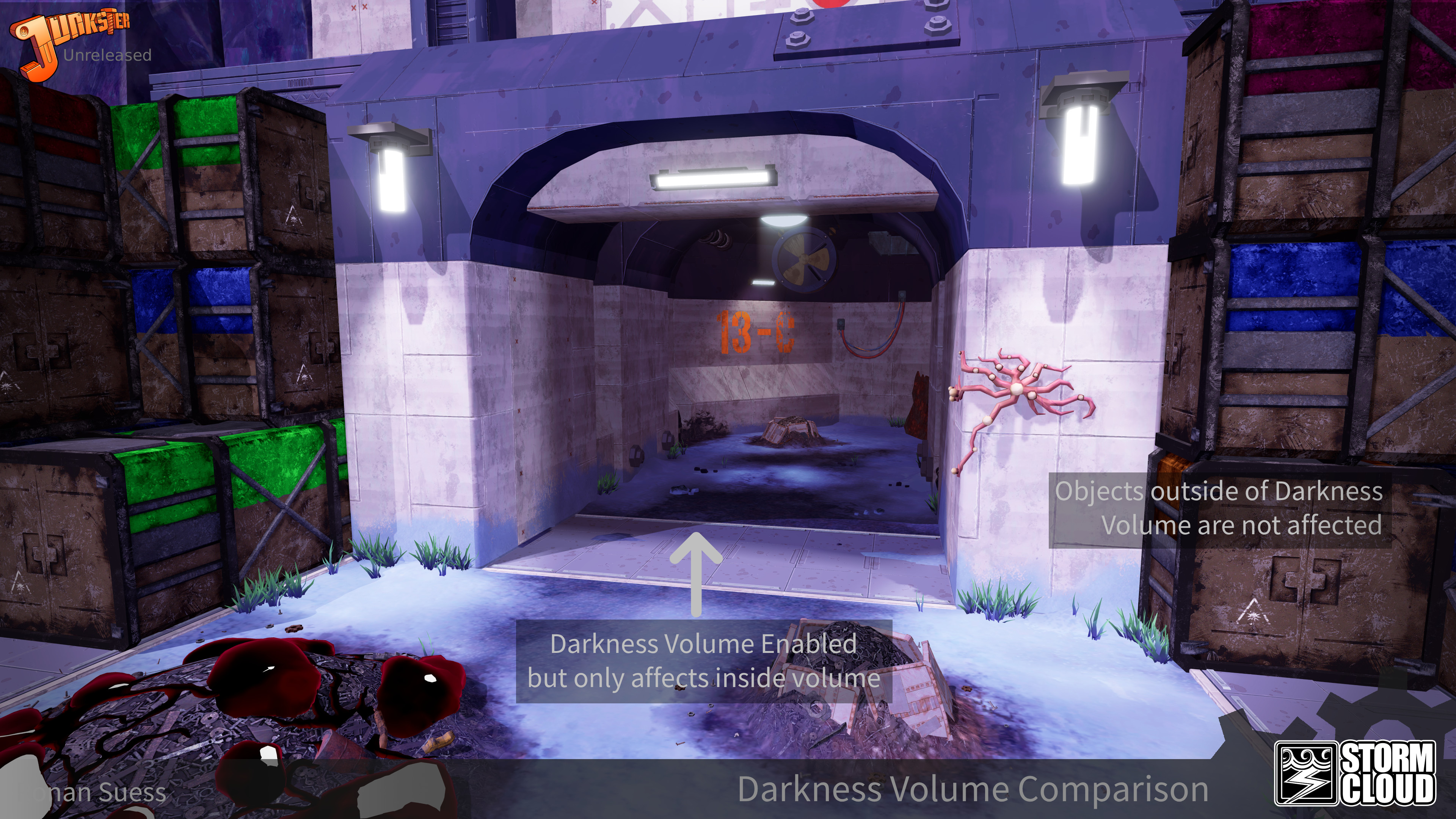Darkness volume typical usage. Shows tunnel inside is dark while outside tunnel is light.