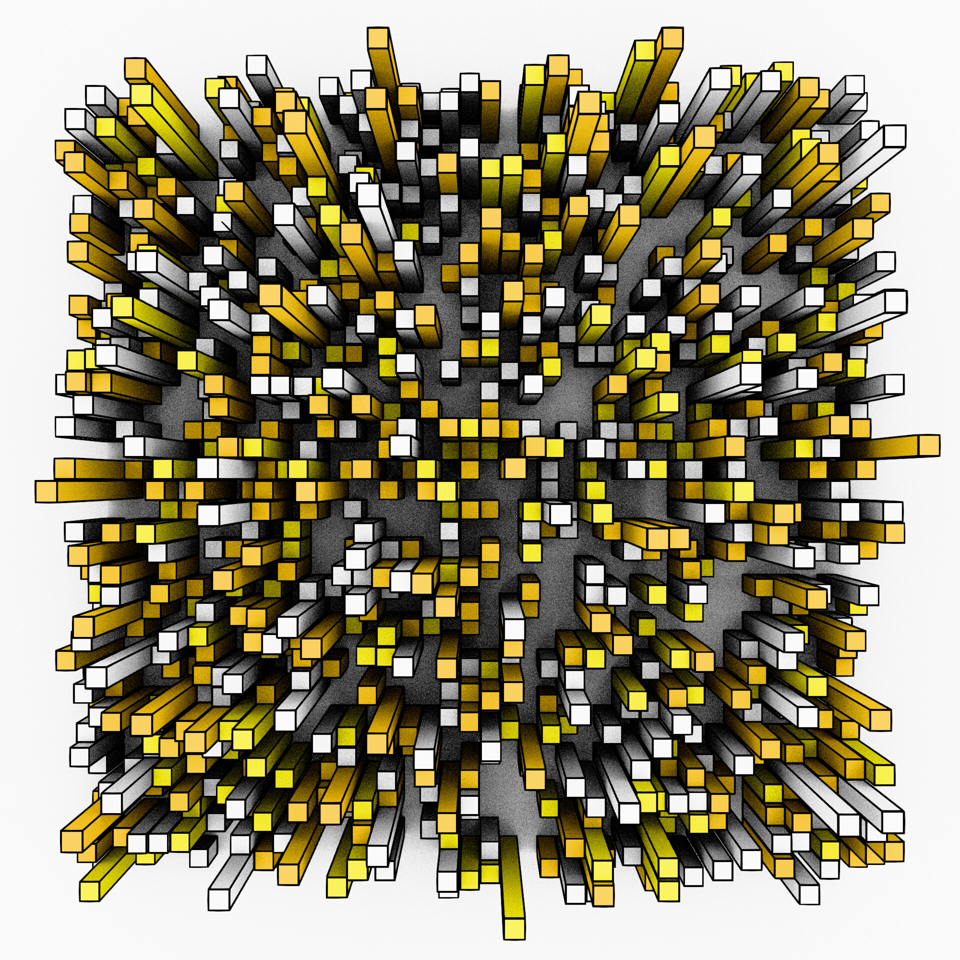 Golden geometric forms glowing softly inside a deep void of shadows and light