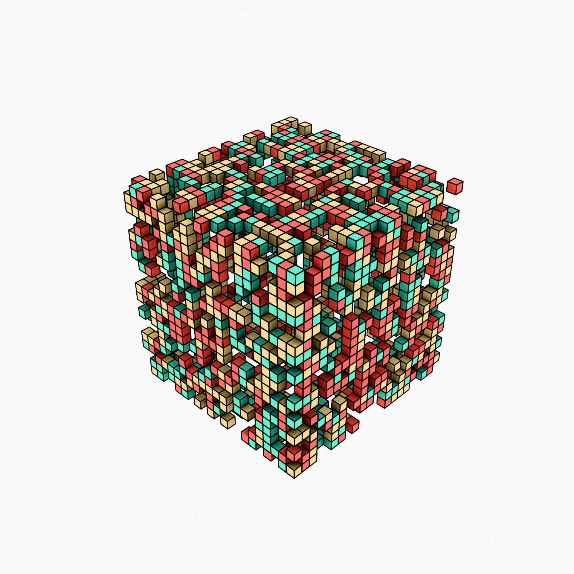 Colorful coral-inspired cube formations bursting with life in a structured flow