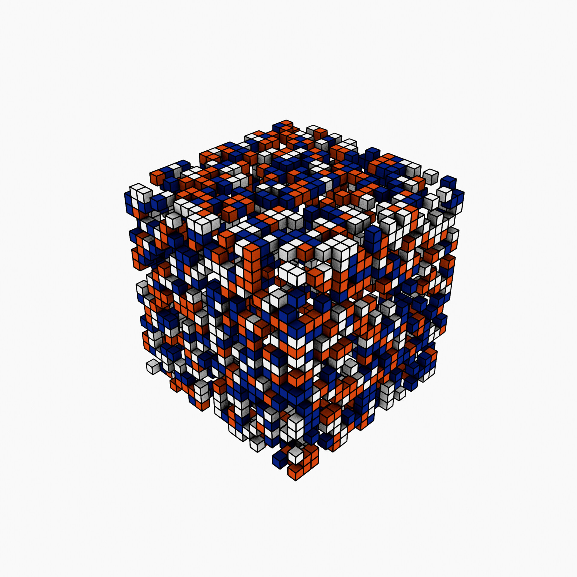 Muted city-like arrangement of cubes under soft evening light with metallic tones