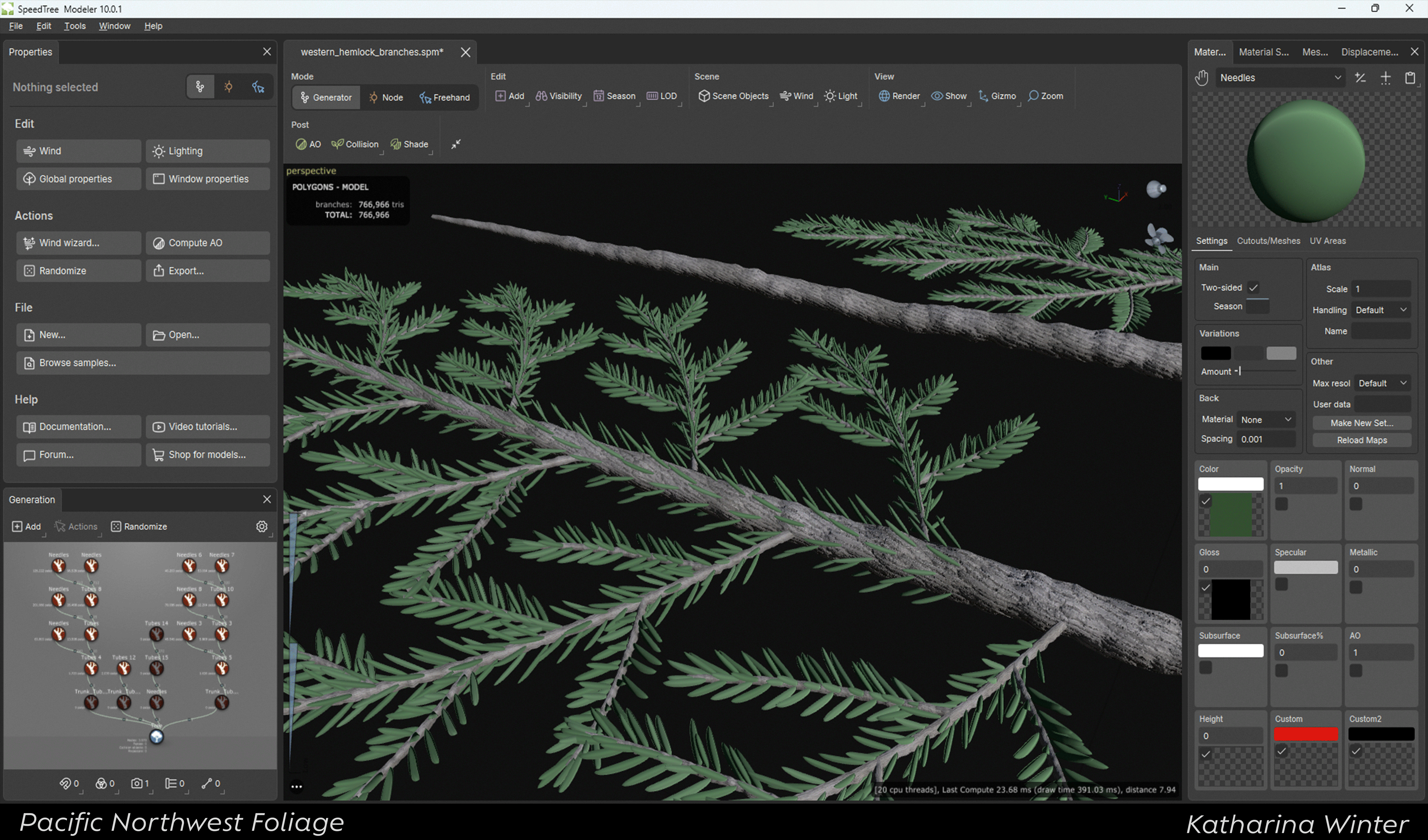 After exploring several approaches for the needles, I decided to create them by modifying branches in SpeedTree.