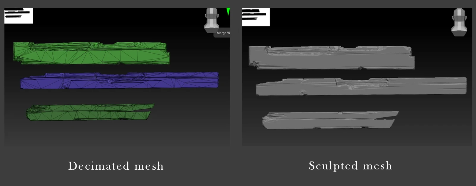 The main construction element in my project is wooden boards and beams. I sculpted all the wooden elements in ZBrush, then used a decimated version as the low-poly model, which I baked in Substance Painter.