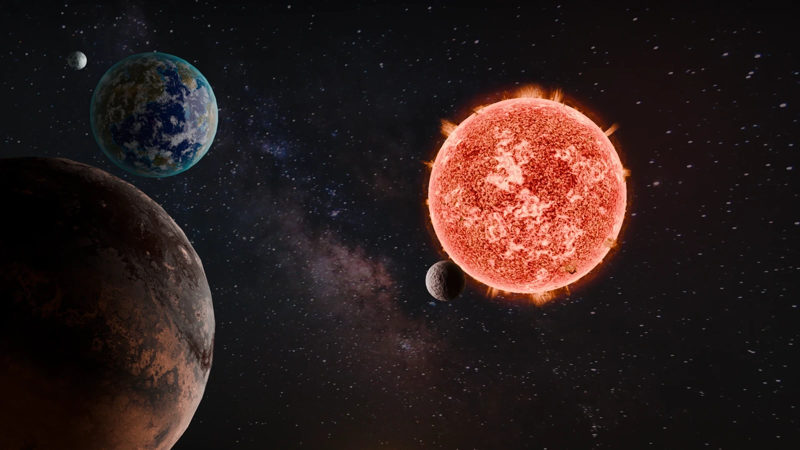 A sci-fi space render made in Blender with realistic planets and star lighting.
