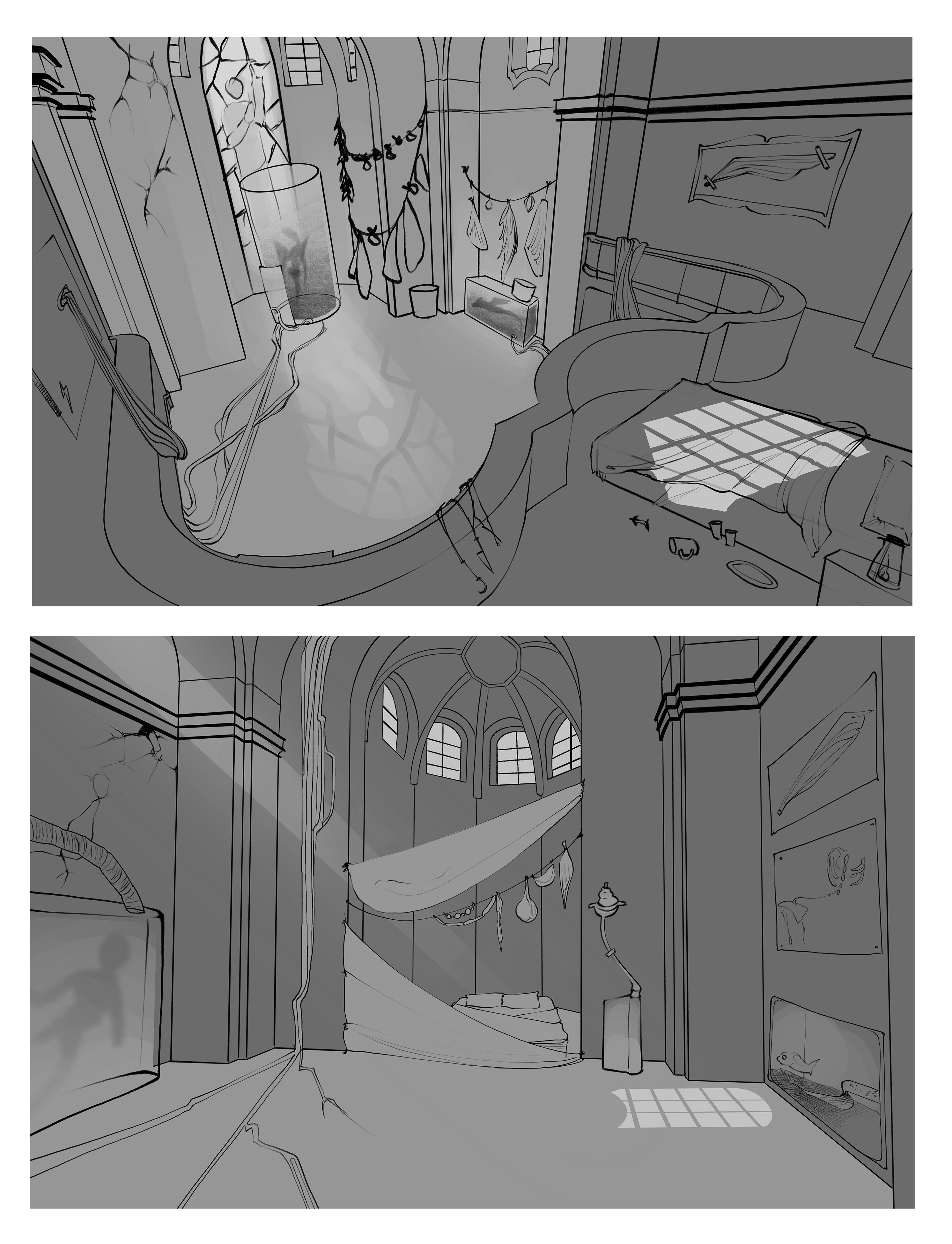 Sketches of a mad scientist lab placed inside of an abandoned church