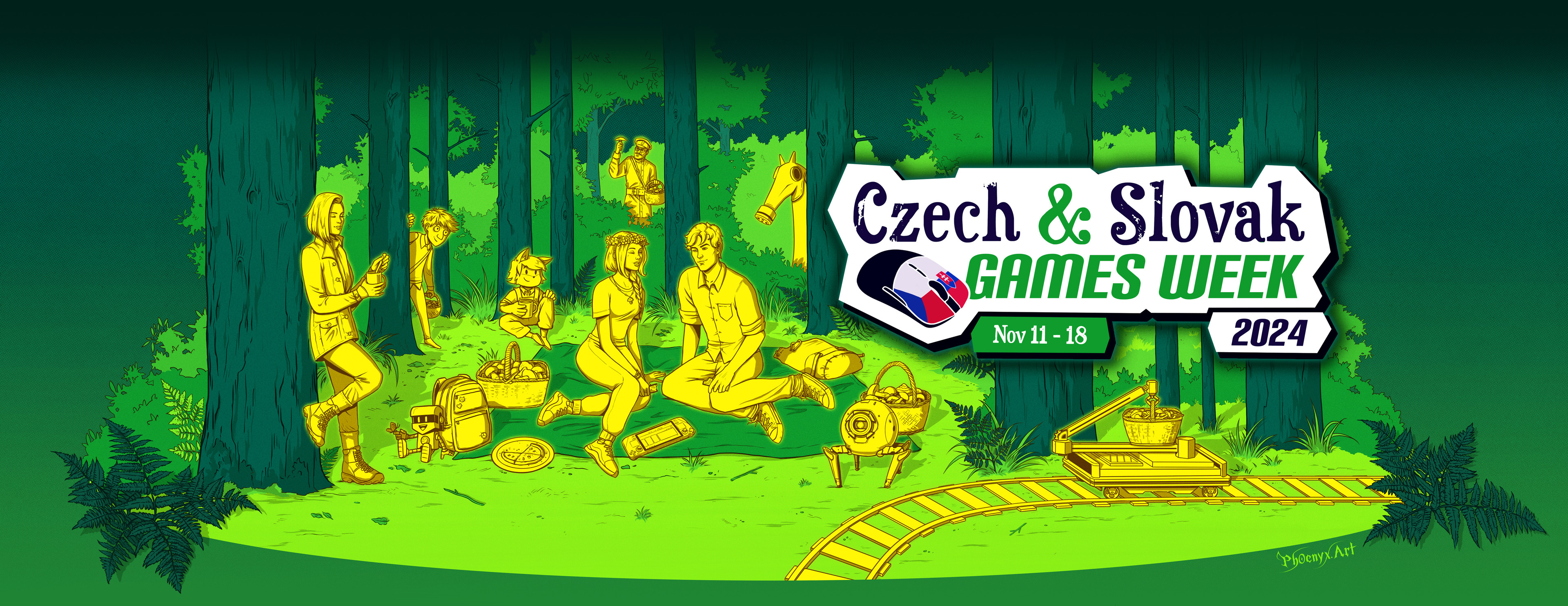 The full illustration, featuring the event's mascots (designed be me) alongside characters from various Czech &amp; Slovak PC games