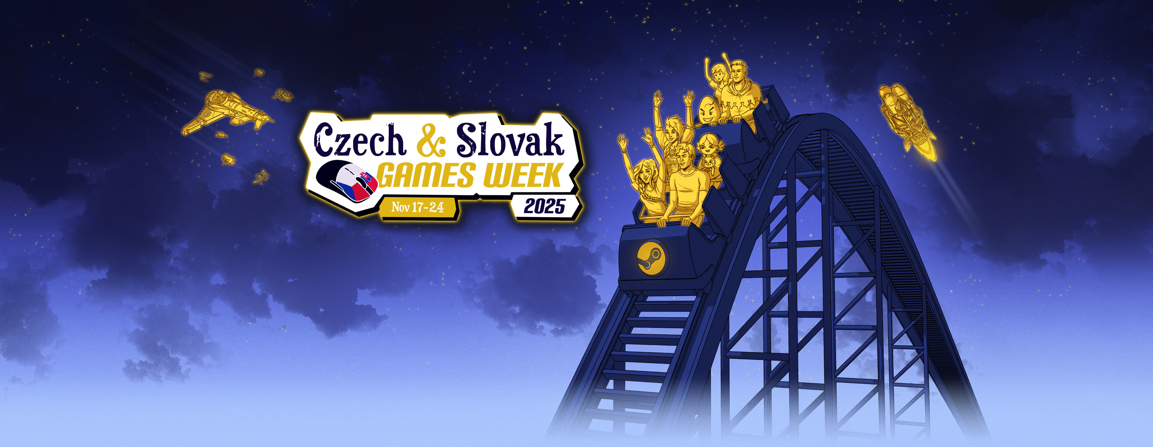 The full artwork, featuring the event's mascots - designed by me - in front &amp; characters from various Czech &amp; Slovak games behind them