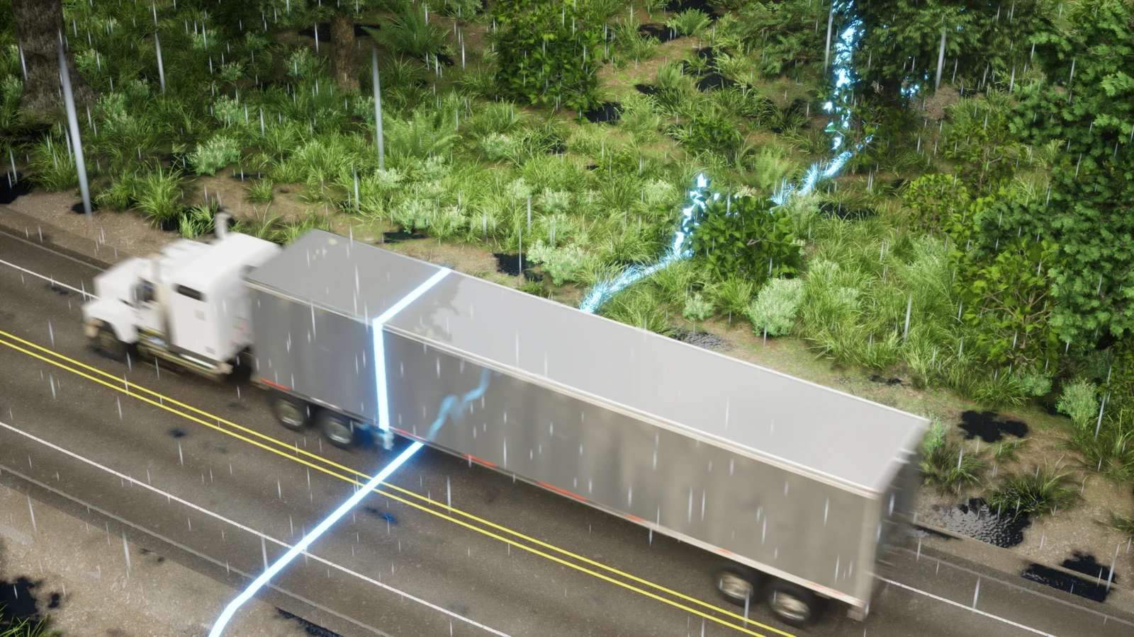 Example of using Unreal's decal system to provide in-world graphics. Here a blue line represents crossing a Canadian provincial border.