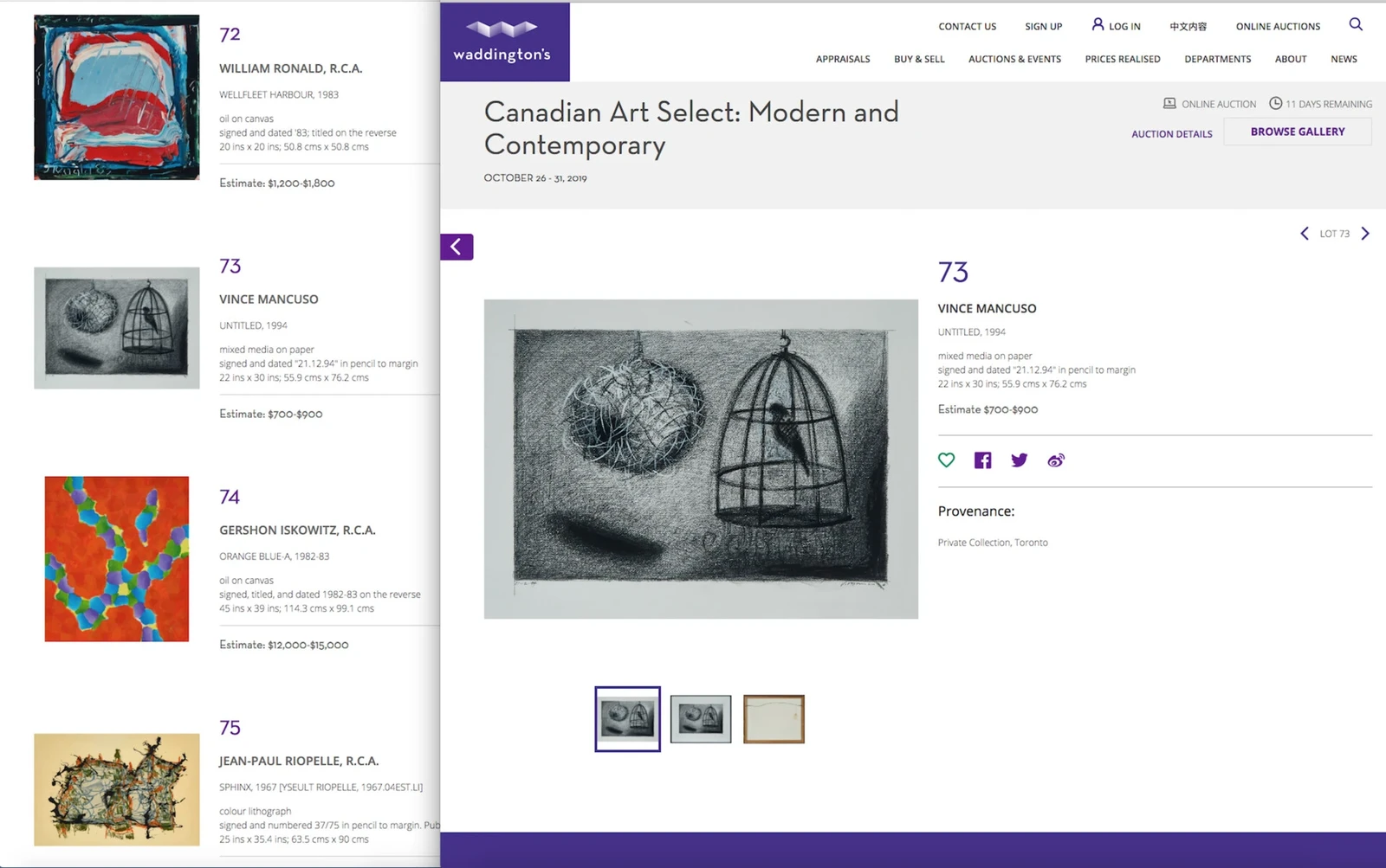 2019, On October 26-31. My Drawing from my solo show at the MOOS gallery appeared at Waddington's,Modern and Contemporary  Canadian Art Select auction. The art appeared in the listings between William Ronald, Gershon Iskowitz and Riopelle 3 greats.