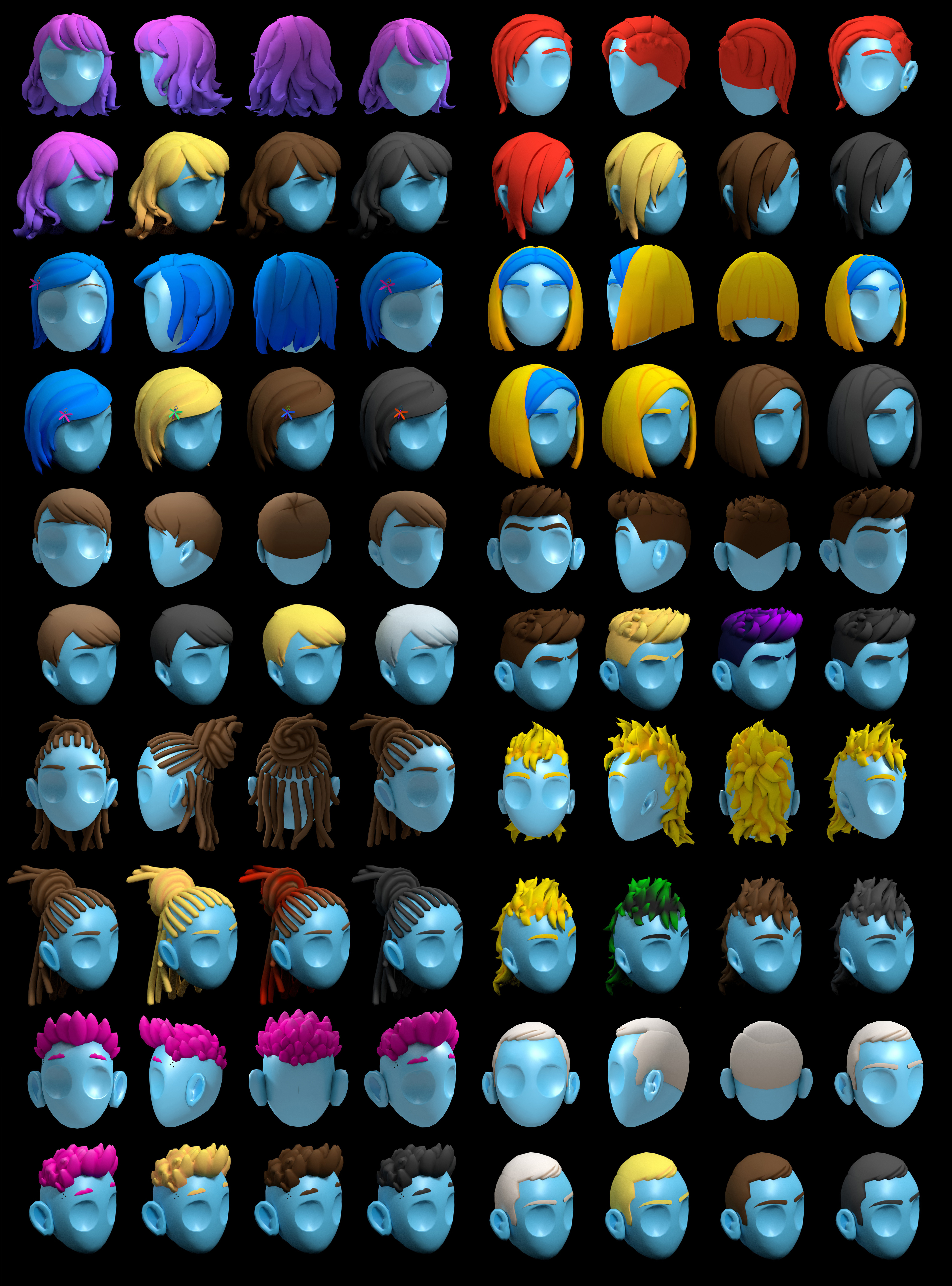 I then used the initial hair as the style guide for all hairs. Image shown is of a number of non modular hair pieces made for the platform. (concepts done by Gilberto Alvarez. I then translated to match the base hair)  