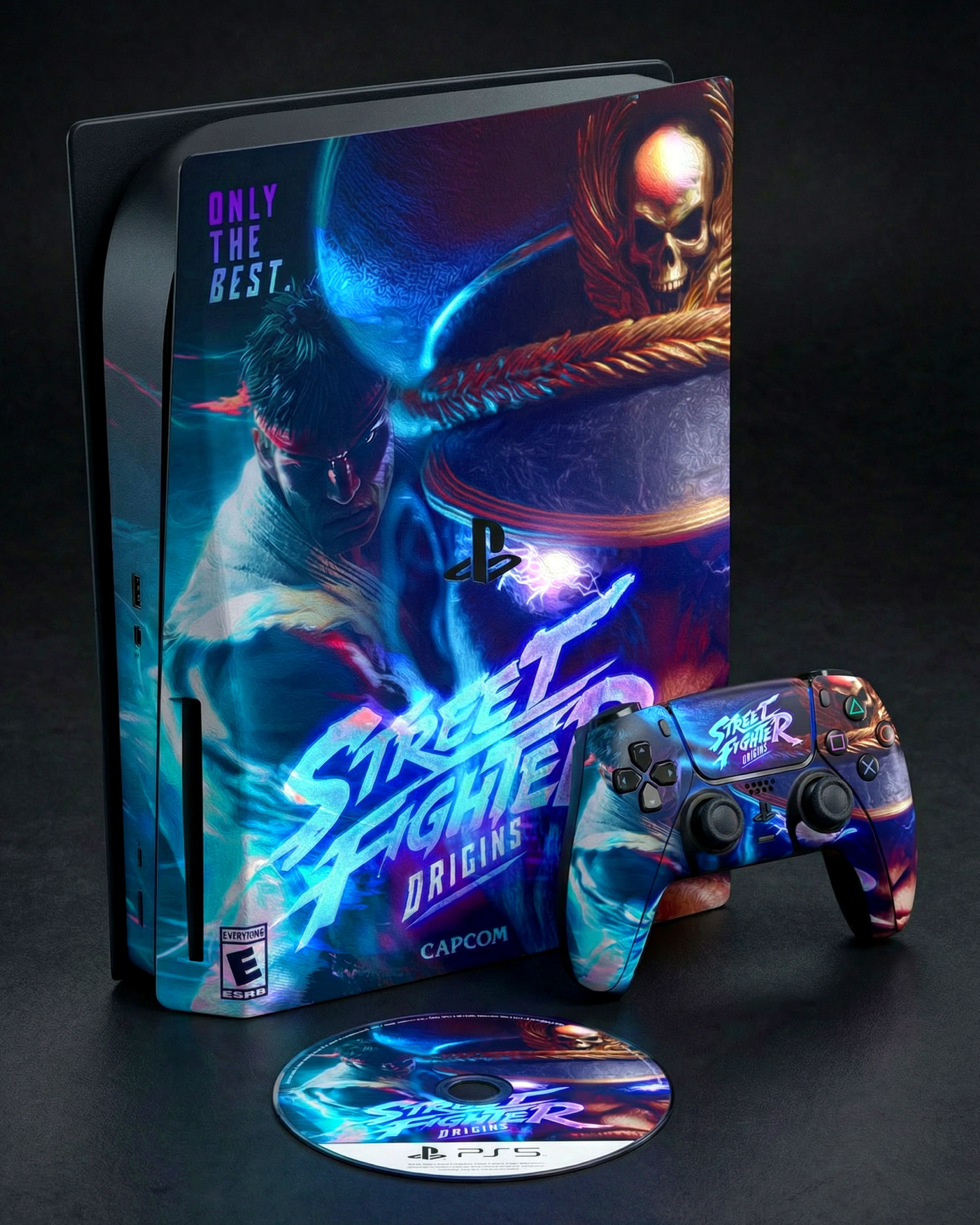 PS5 Bundle Concept – Custom console, controller, and disc art wrap for Street Fighter: Origins