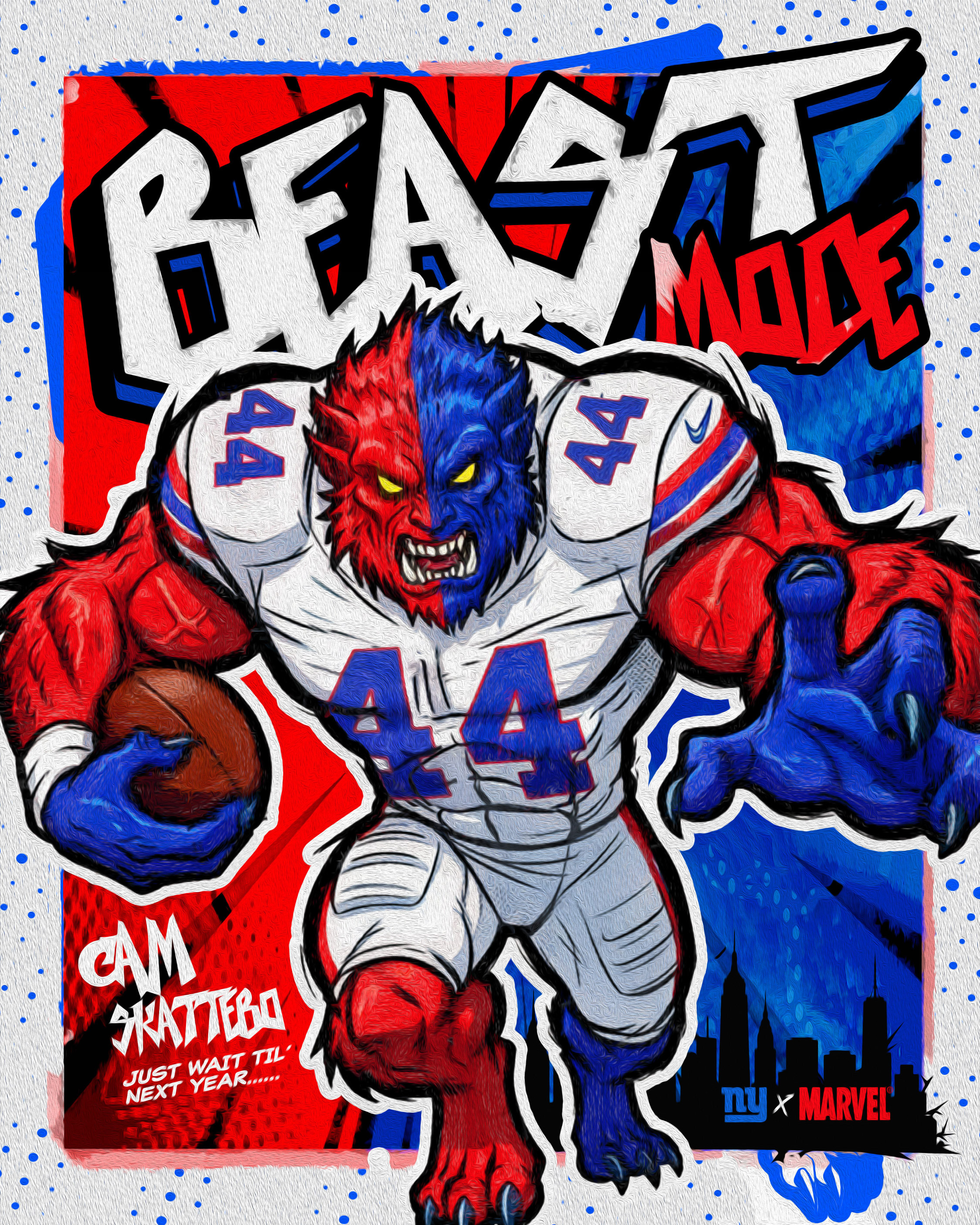 Primary Beast Mode illustration – Cam Skattebo reimagined in a Marvel-inspired comic style