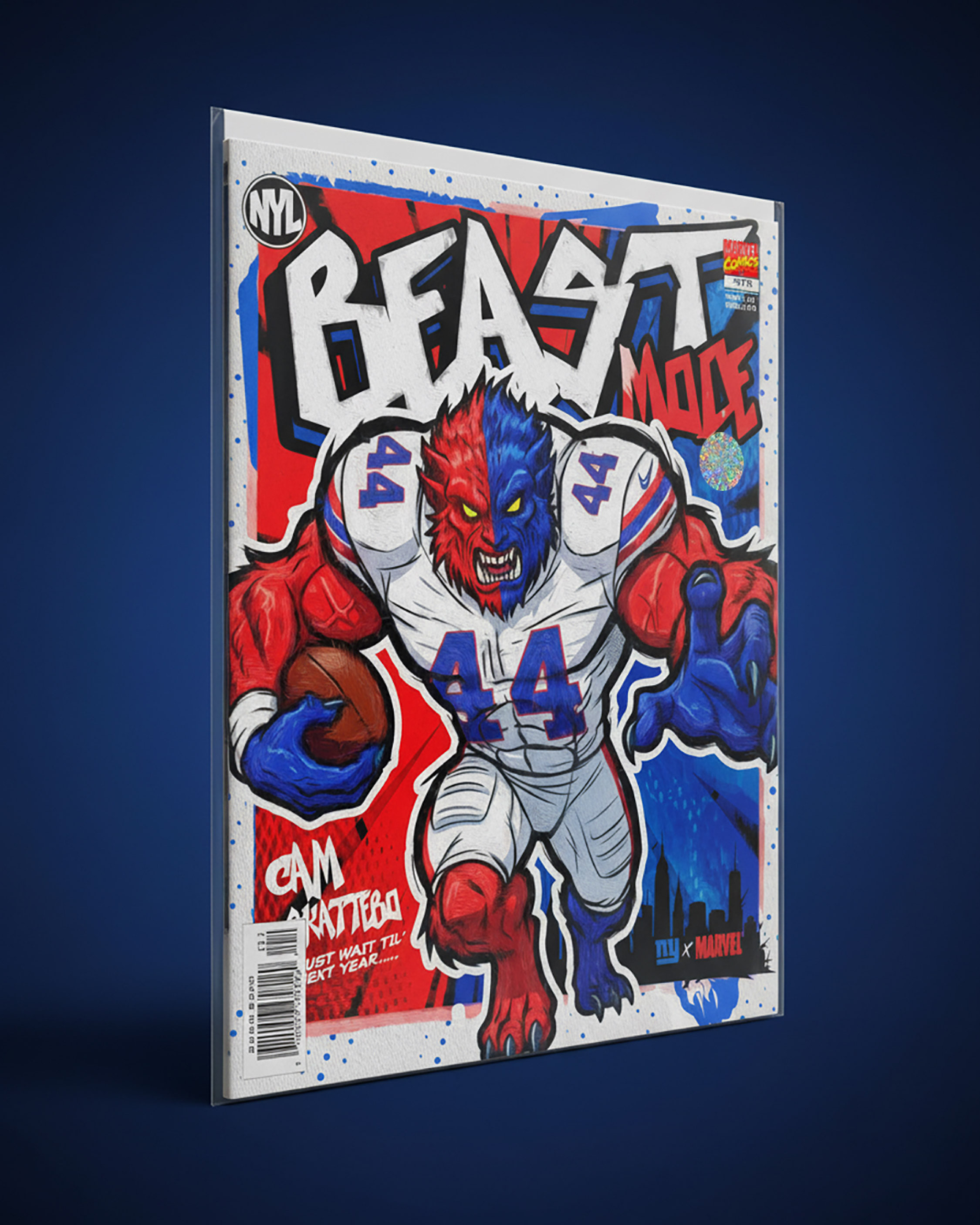 Custom comic book cover concept featuring Beast Mode Cam Skattebo in full illustrated form