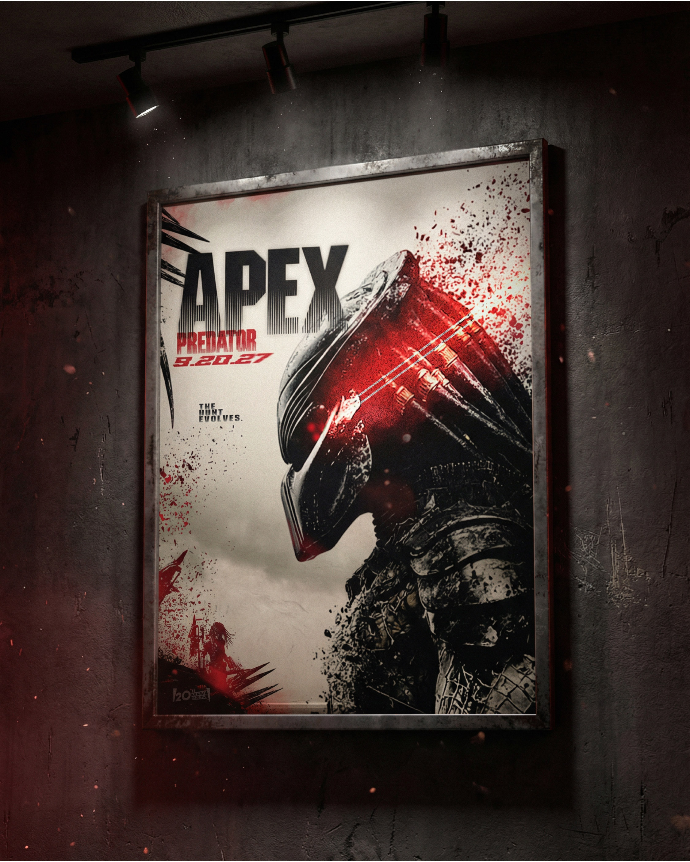 Gallery-style framed display showing the poster in a gritty, industrial environment