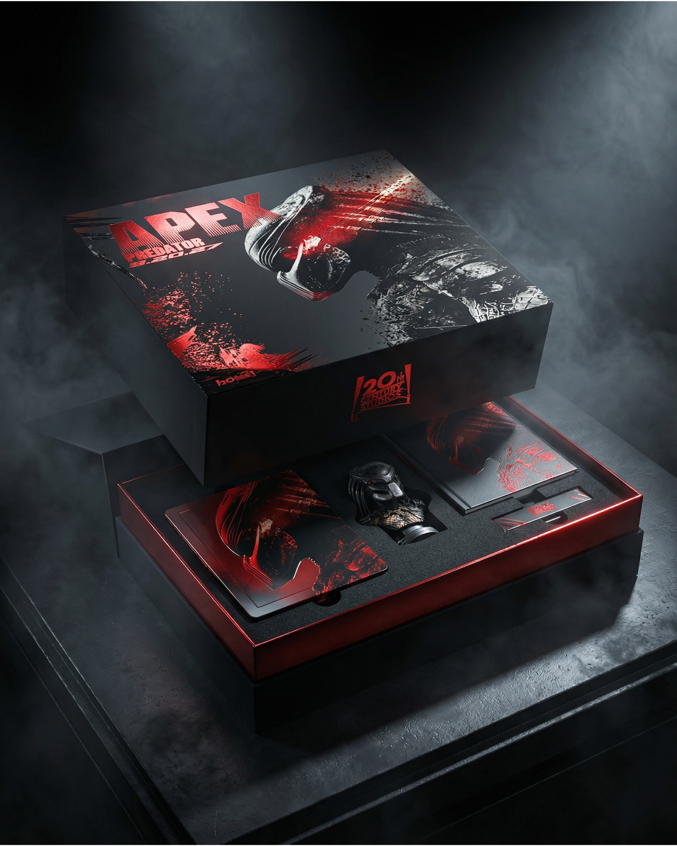 Premium collector’s box mockup featuring a sculpted Predator bust and themed components