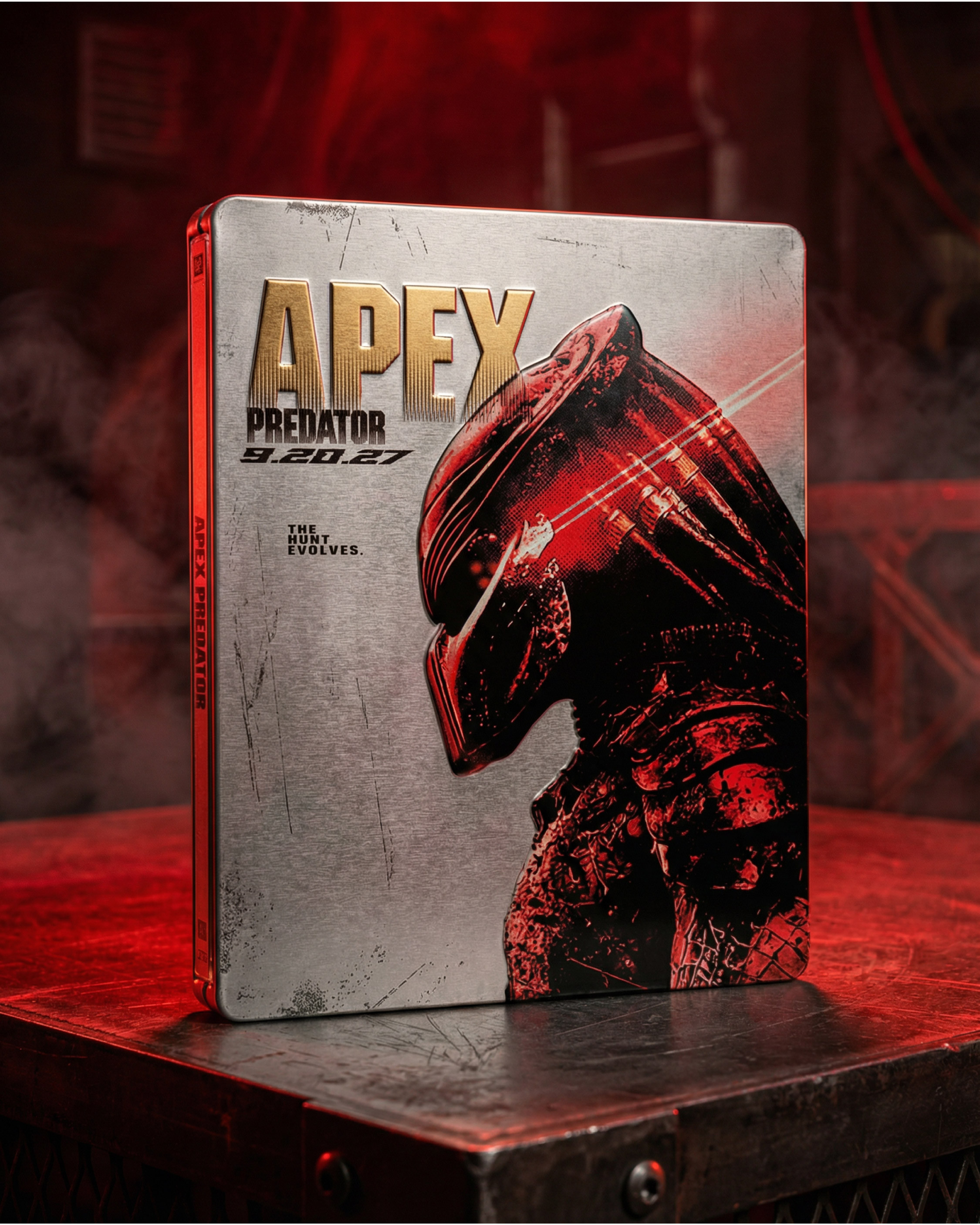Clean metal steelbook concept with the gold and black Apex Predator key art printed on brushed alloy