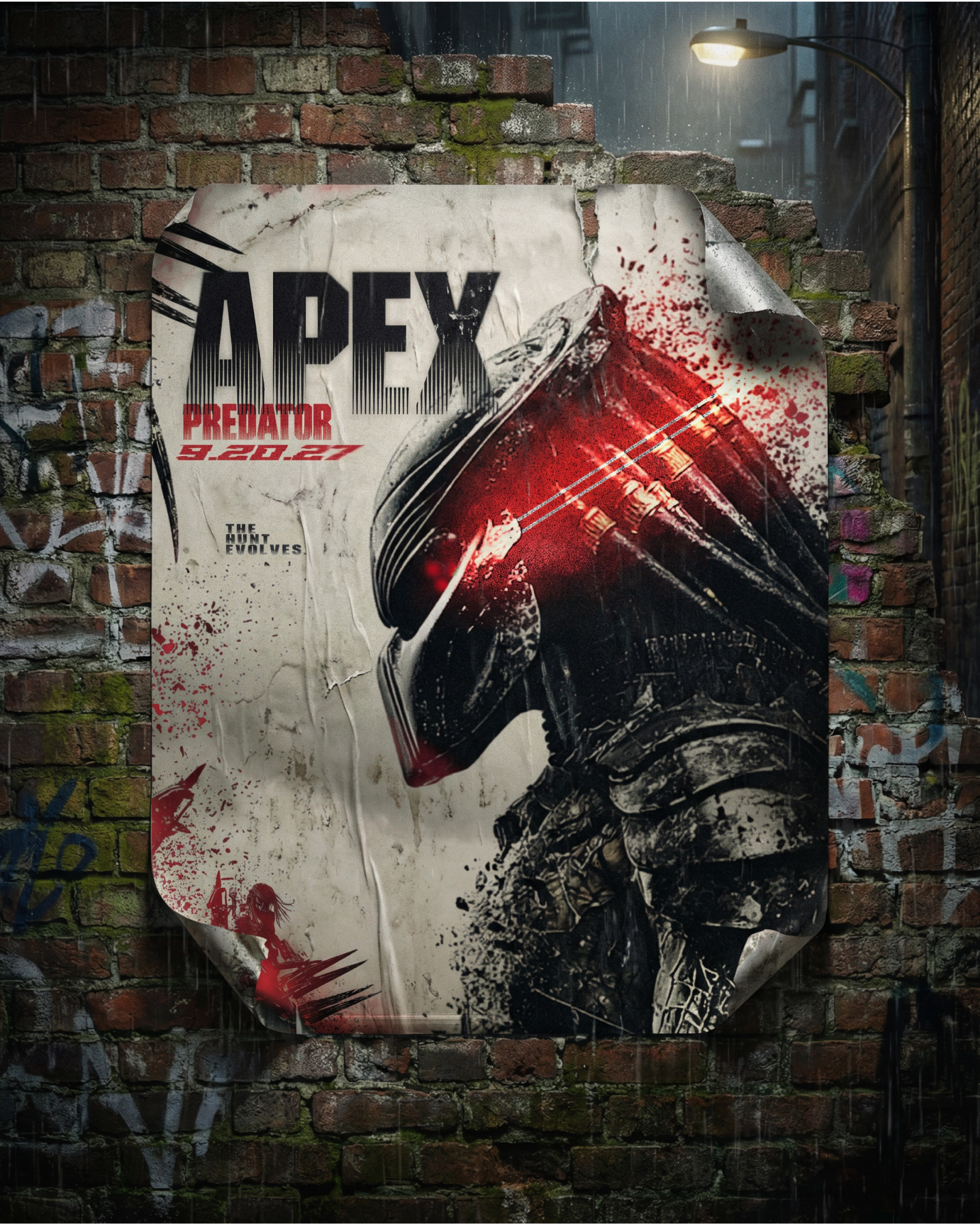 Weathered street poster mockup placed on a brick wall in a dark urban alley