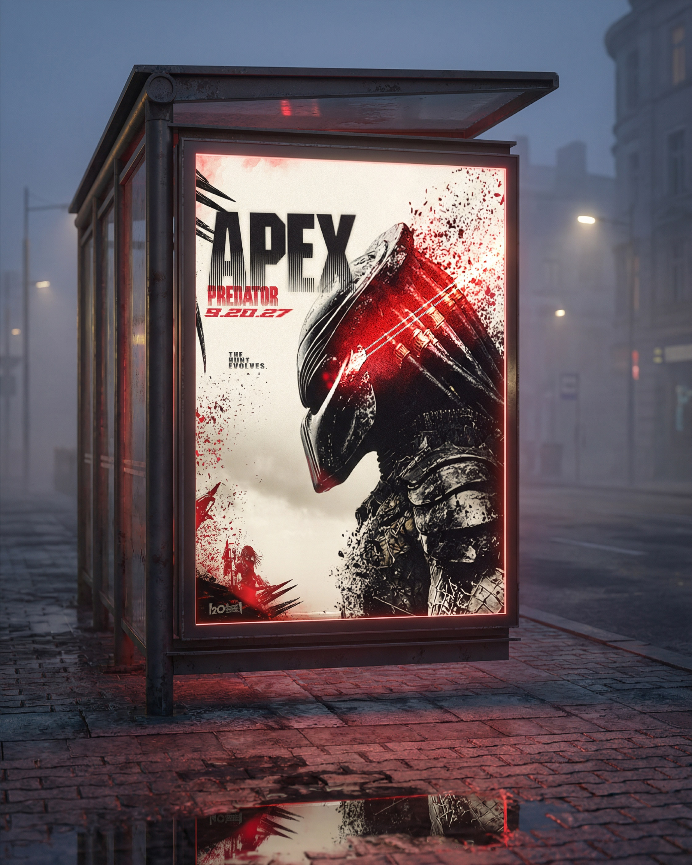 Outdoor advertising display showing the poster in a foggy nighttime city environment